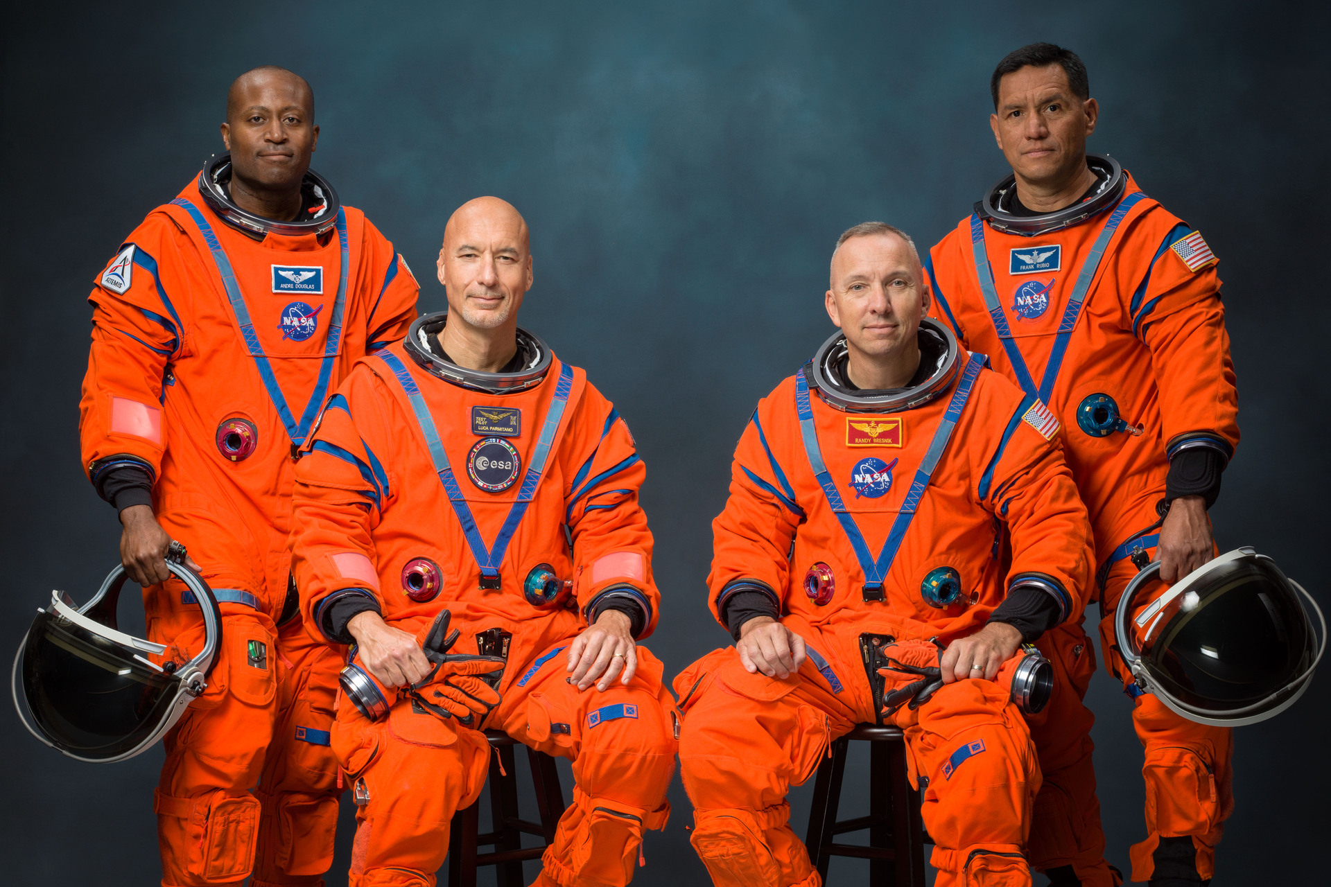 The Artemis III prime crew in their Orion Crew Survival System flight suits. From left: Andre Douglas, Luca Parmitano, Randy Bresnik, and Frank Rubio. Credit: NASA.