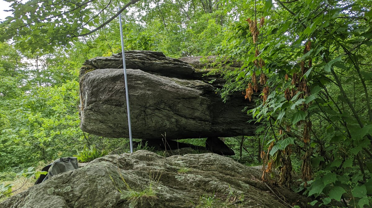 A large precariously balanced boulder resting on bedrock in a forested field site