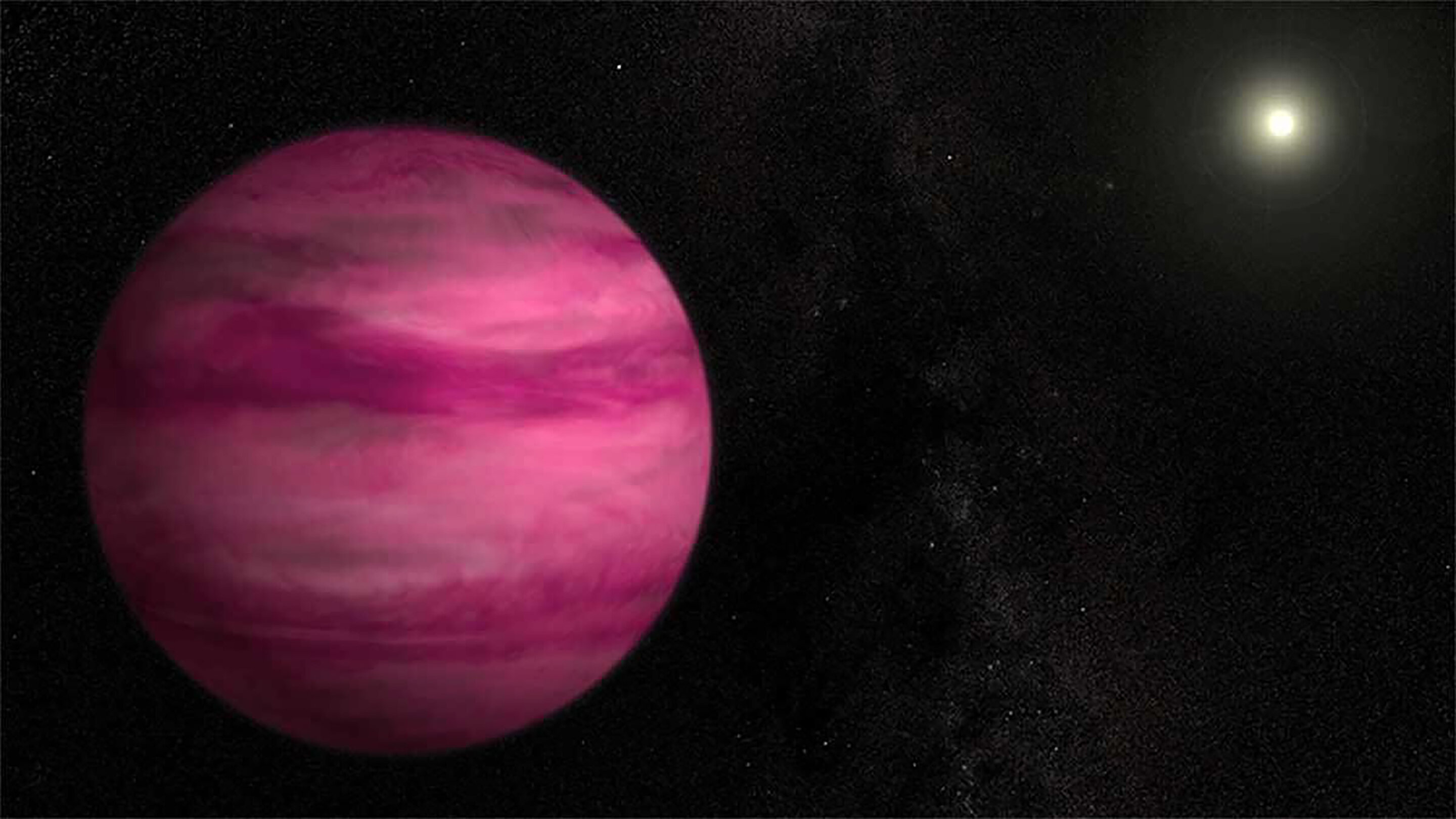 An artist's concept of exoplanet GJ 504b, the Pink Planet, a magenta-colored world glowing against the darkness of space with its host star visible nearby. Credit: NASA/Goddard Space Flight Center.