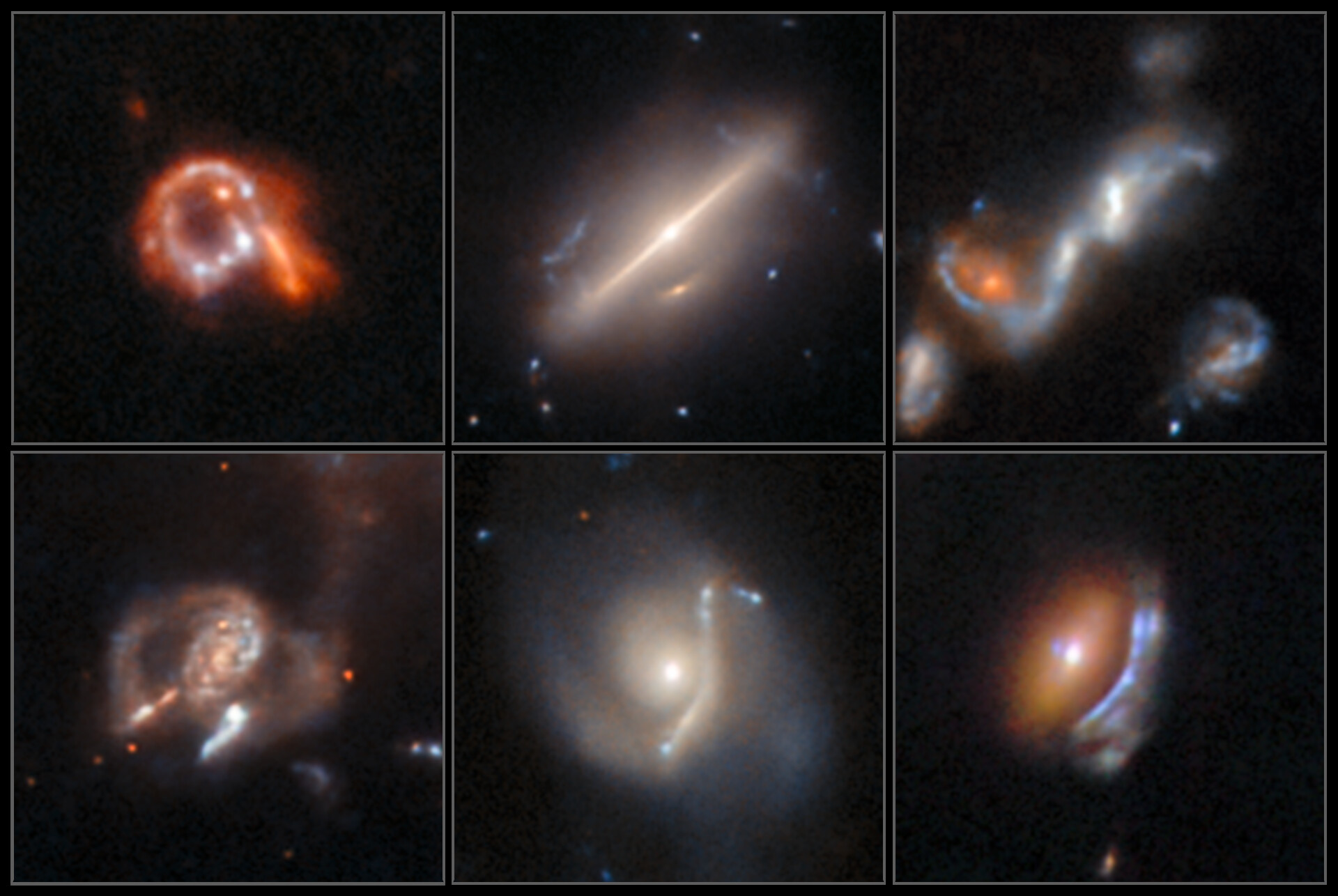 Collage of six Hubble Space Telescope images showing gravitational lenses, a ring galaxy, a galactic merger, and an unclassified object discovered by the AnomalyMatch AI