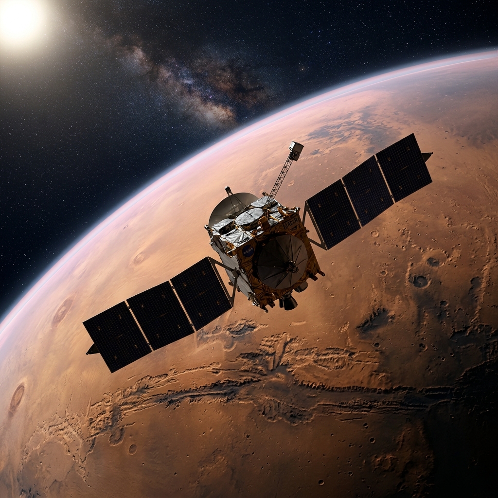 Artist's concept of NASA's MAVEN spacecraft in orbit around Mars, with the Red Planet's rust-colored surface and thin atmosphere visible below. AI-generated illustration by Impossible Universe.