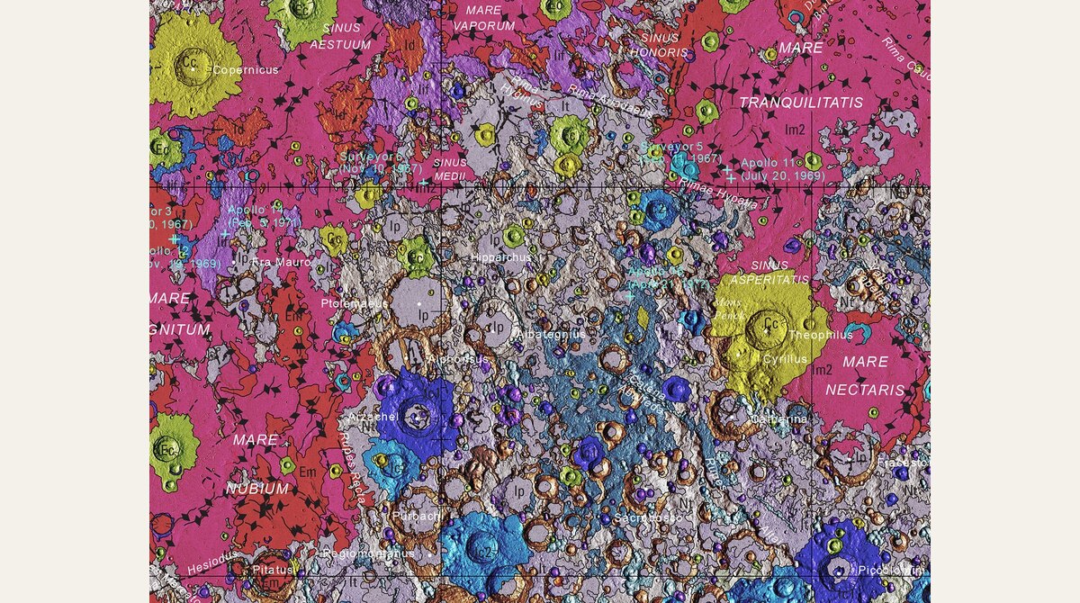 A colorful section of the USGS Unified Geologic Map of the Moon
