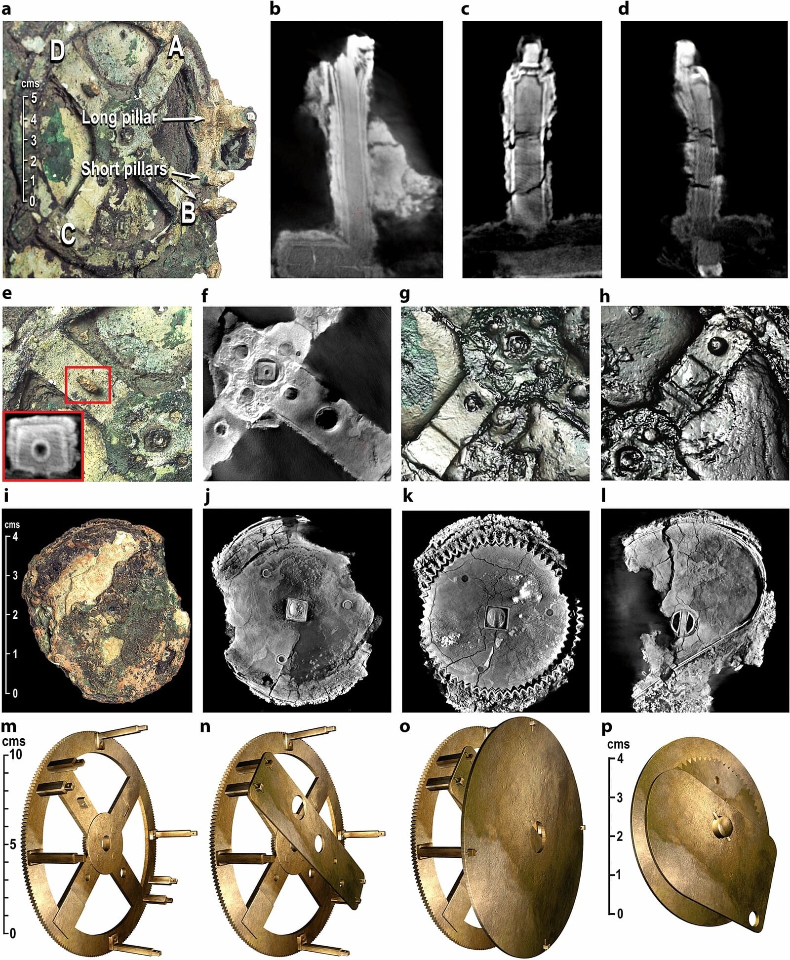 Figure from the 2021 Scientific Reports study showing X-ray CT evidence from Fragments A and D of the Antikythera mechanism: photographs of the corroded fragments, CT cross-sections revealing the internal structure of the pillars, and 3D reconstructions of the main drive wheel and the gear from Fragment D. Credit: Freeth et al., Scientific Reports (2021), CC BY 4.0.