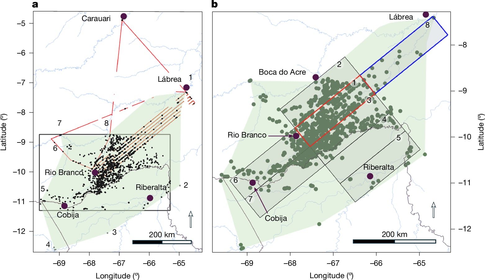 Two-panel map of the southwestern Amazon showing the geographic distribution of Aquiry earthworks: black dots mark known geoglyph sites clustered around Rio Branco, red lines mark the 2024 LiDAR survey transects, blue lines mark rivers, and a second panel shows the density of earthwork locations across the study corridors. Credit: Pärssinen et al., Nature (2026), CC BY 4.0.