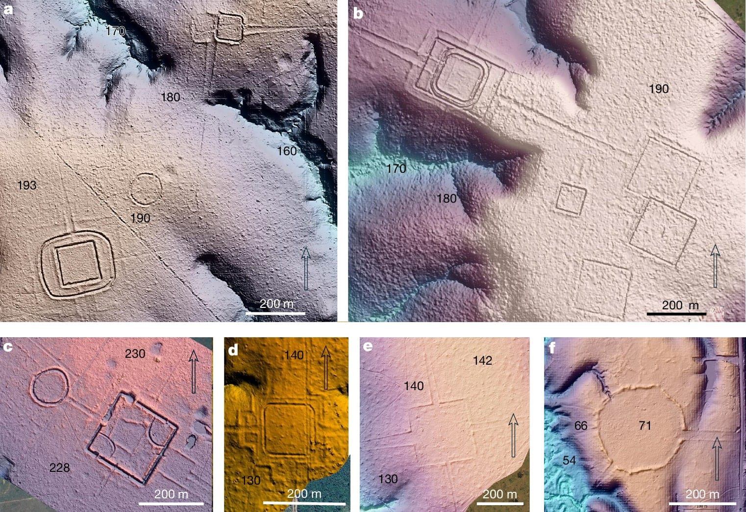 Composite of six LiDAR terrain maps of the Aquiry earthworks in the southwestern Amazon: geometric ditched enclosures in squares, circles, and square-within-circle patterns, some connected by straight roads, revealed as sharp relief against the forest floor in hillshaded elevation colors. Credit: Pärssinen et al., Nature (2026), CC BY 4.0.
