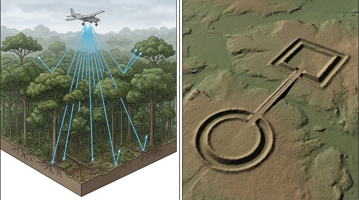 Split-panel diagram of how LiDAR works: on the left, an aircraft fires laser pulses at a rainforest canopy, with some pulses bouncing off the leaves and others passing through gaps to the ground; on the right, the same landscape shown as a bare-earth terrain model that reveals a circular ditch, a square ditch, and a straight road between them. Illustration: Impossible Universe Editorial Team (generated).