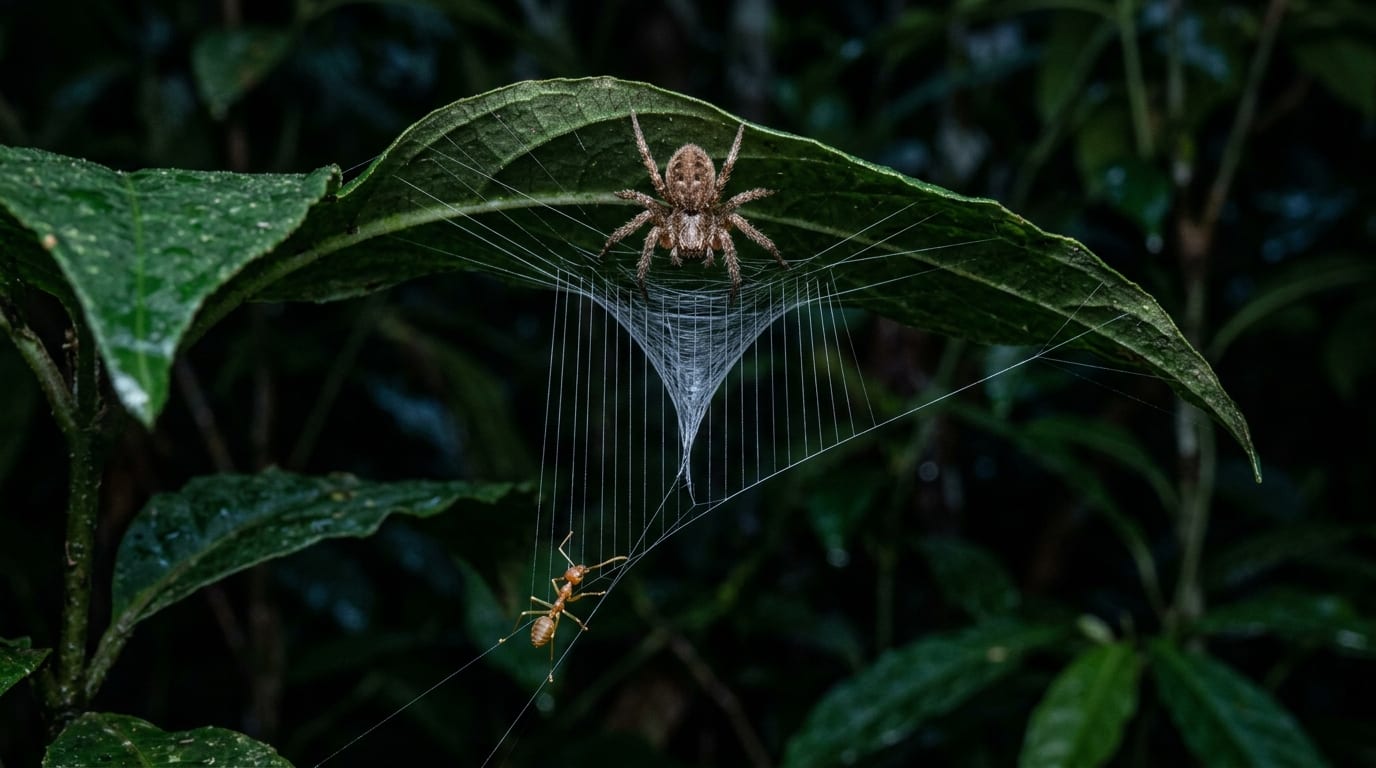 A realistic close-up of a small brown ballista spider (Propostira sp.) on a rainforest leaf at night, with a cone-shaped silk trap suspended beneath it. Moonlight filters through the canopy. A green tree ant approaches the base of the cone trap. Generated illustration for Impossible Universe.