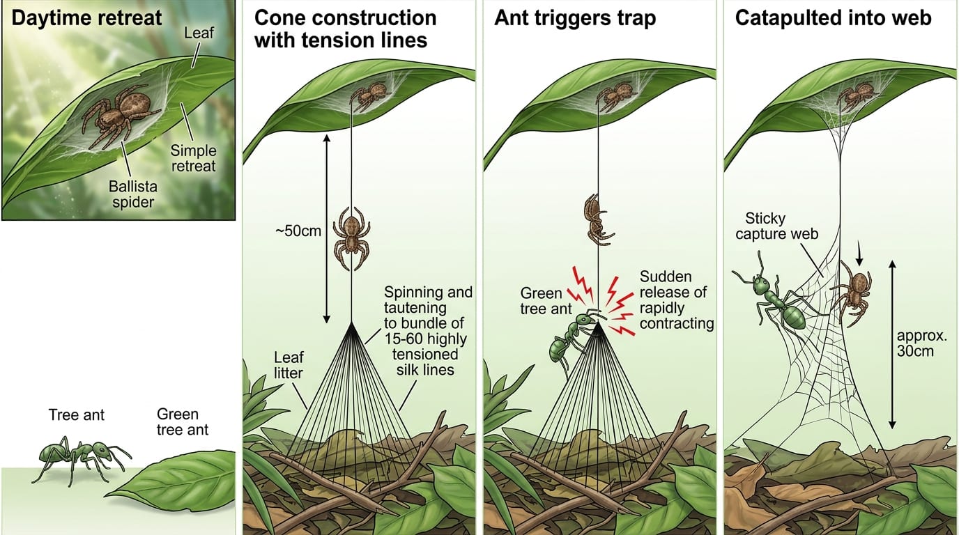 Diagram showing the cross-section of a ballista spider's spring-loaded silk trap: daytime retreat web on the underside of a leaf, the descent line, the cone-shaped bundle of 15 to 60 tension lines anchored near the ground, and the trajectory of the ant being launched upward into the capture web. Annotated with labels showing the four stages.