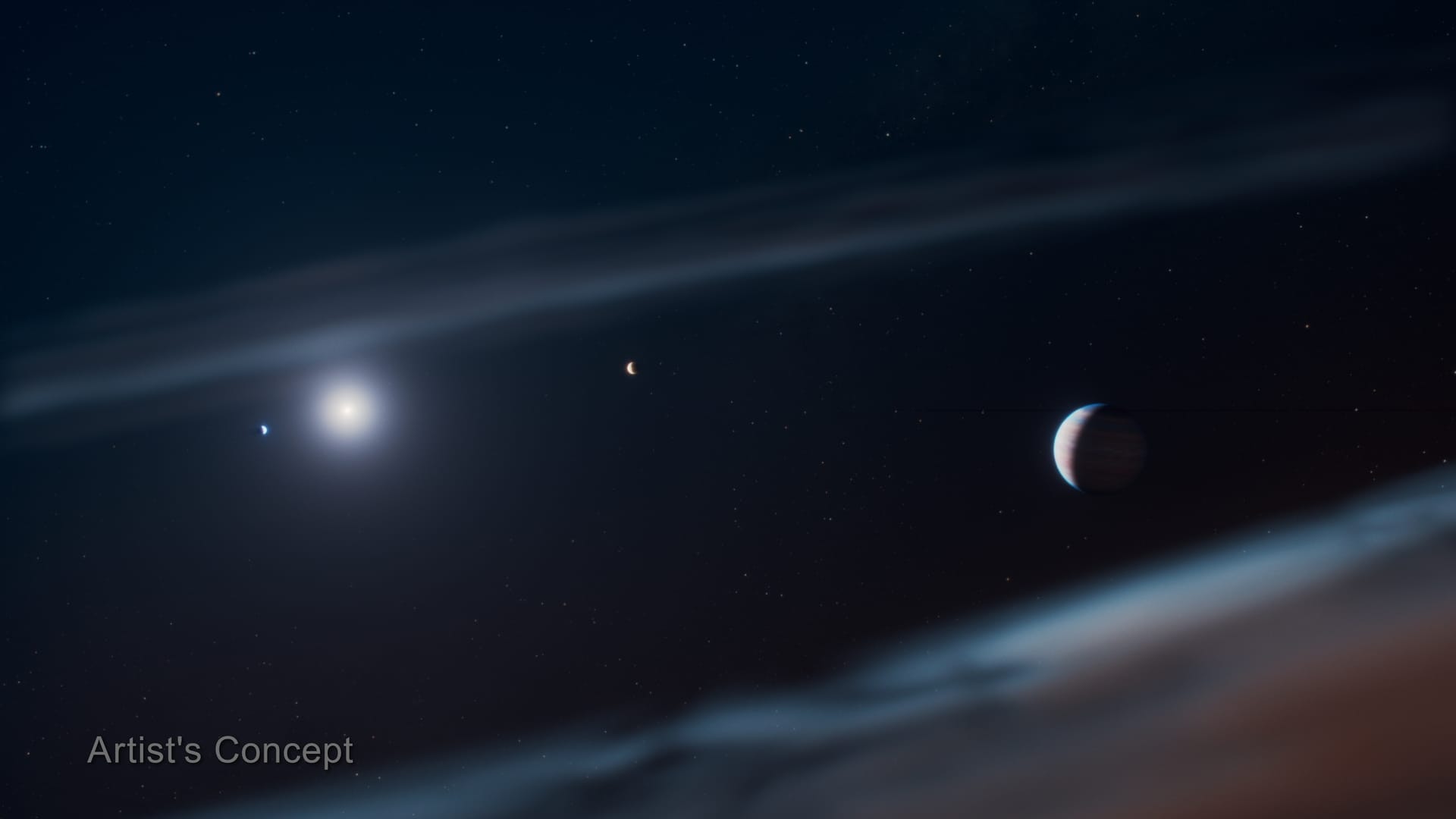 Artist concept of the Beta Pictoris planetary system showing the debris disk edge-on and three giant planets. Beta Pictoris d, the newly discovered third planet, is shown at the right with the widest orbit of the three. Credit: NASA, ESA, CSA, STScI, Ralf Crawford (STScI).