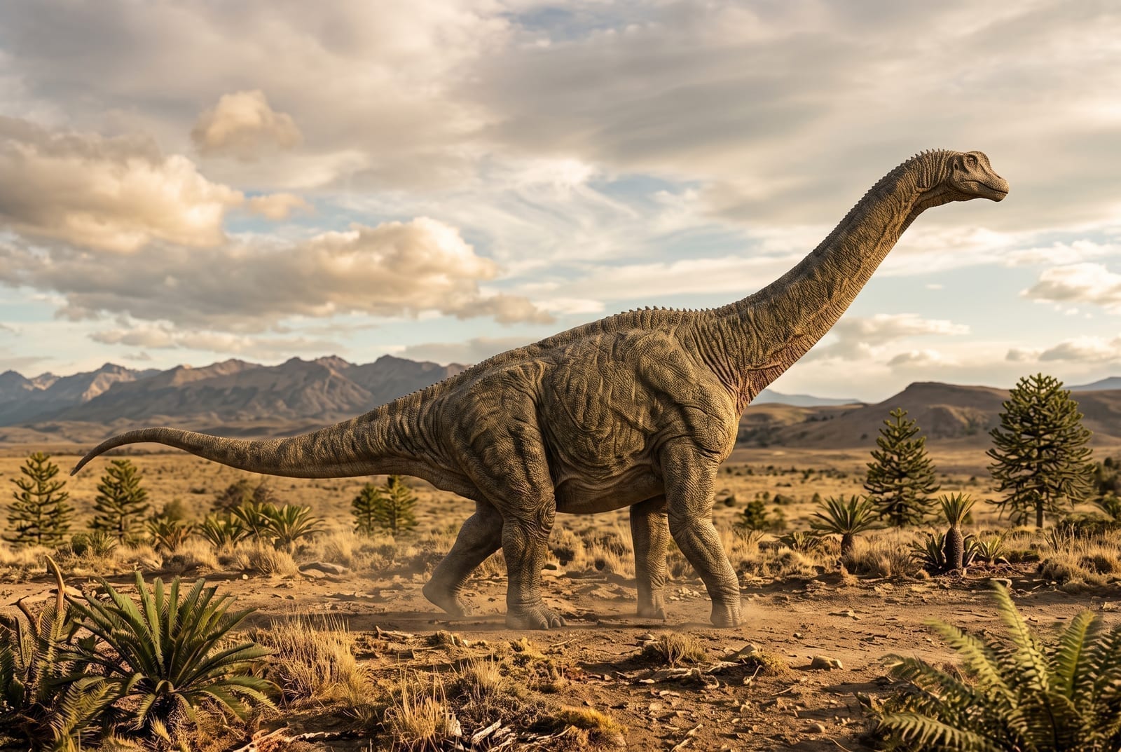 A photorealistic reconstruction of Bicharracosaurus dionidei, a 65-foot-long sauropod dinosaur, standing in a Late Jurassic Patagonian landscape. The dinosaur has a long neck, bulky body, long tail, and earthy brown and olive textured skin. Generated illustration for Impossible Universe.