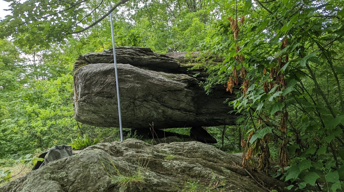 A large precariously balanced boulder resting on bedrock in a forested field site