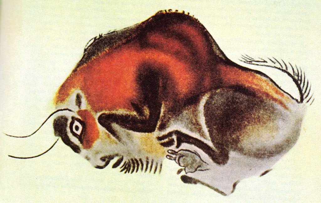 Close-up photograph of the Altamira bison painting, a red and brown polychrome image of a bison on the cave ceiling.