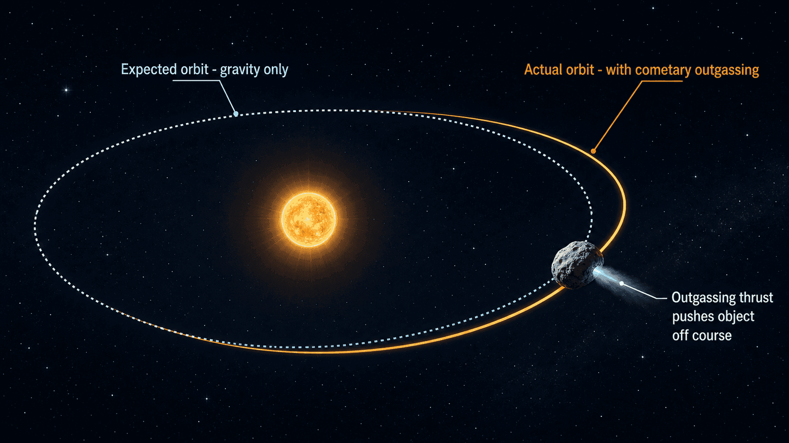 An educational diagram showing two orbital paths around the Sun: the expected gravitational orbit (dotted line, labeled Expected orbit gravity only) and the actual perturbed trajectory (solid line, labeled Actual orbit with cometary outgassing). An arrow shows the outgassing thrust pushing the object off course.