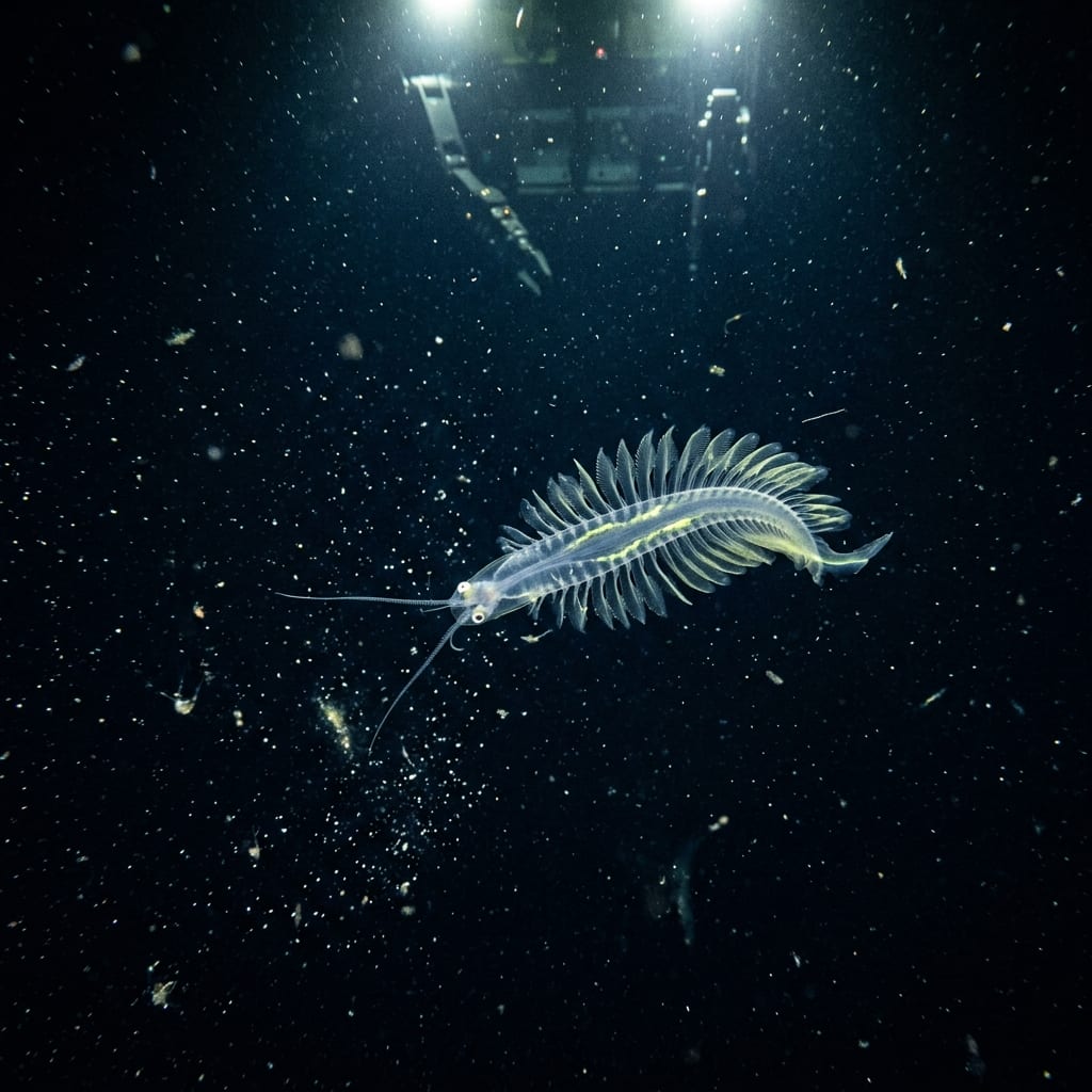 A translucent gossamer worm (Tomopteris) floating in the deep ocean, showing its delicate ribbon-like body with paddle-like parapodia and subtle yellow bioluminescence, illuminated by ROV lights against the dark abyssal background. Credit: ROV SuBastian / Schmidt Ocean Institute.