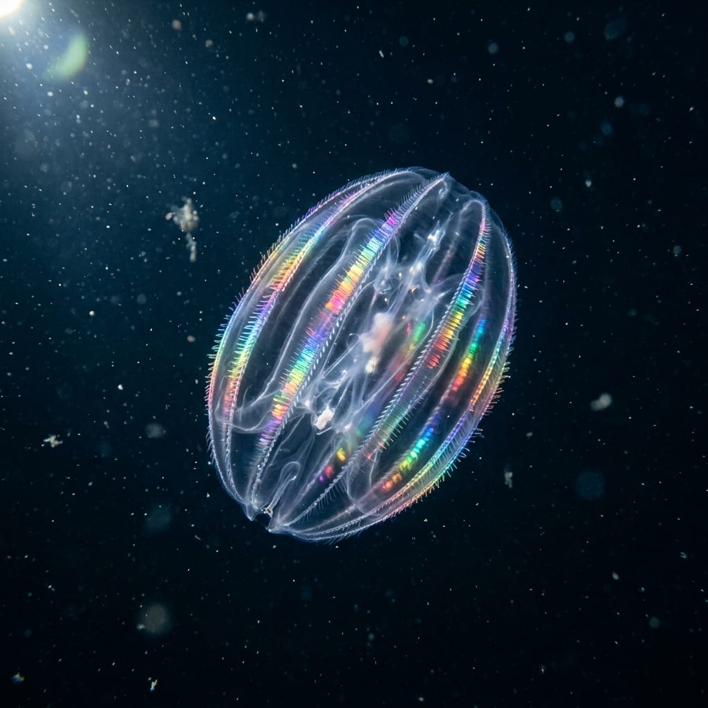 A comb jelly (ctenophore) photographed by ROV SuBastian showing its translucent body and rows of cilia that produce rainbow-like diffraction patterns