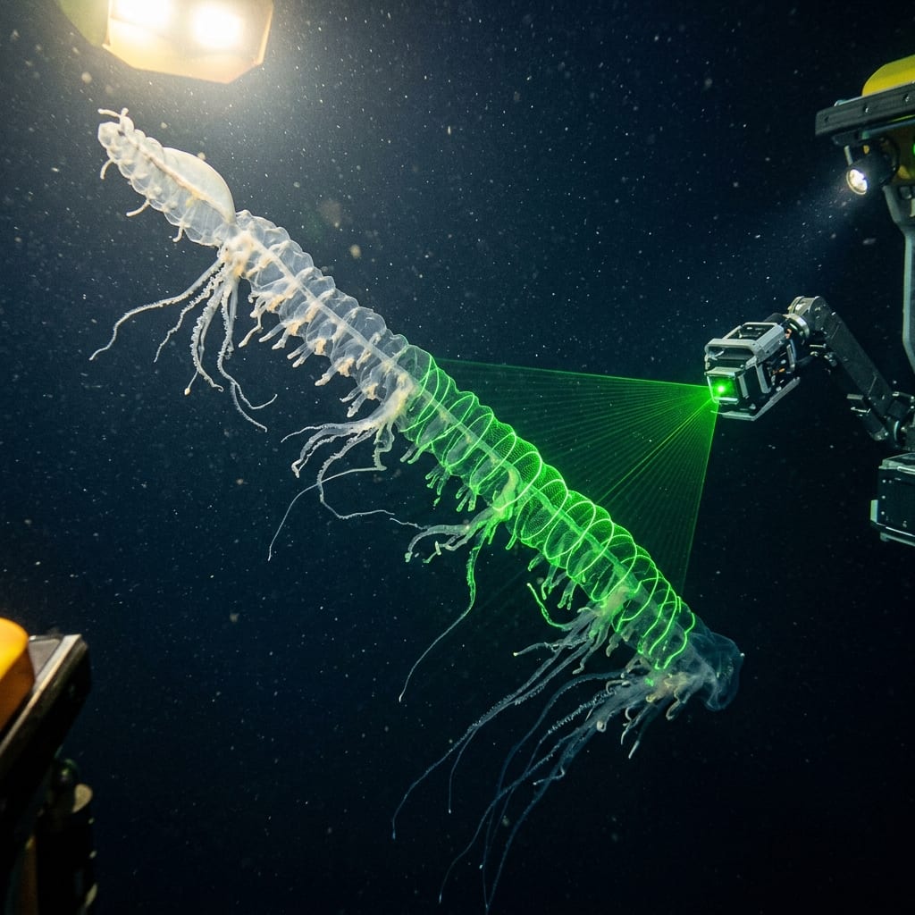 A siphonophore being scanned by the DeepPIV laser imaging system at 350 meters depth, showing the colonial organism's delicate translucent structure