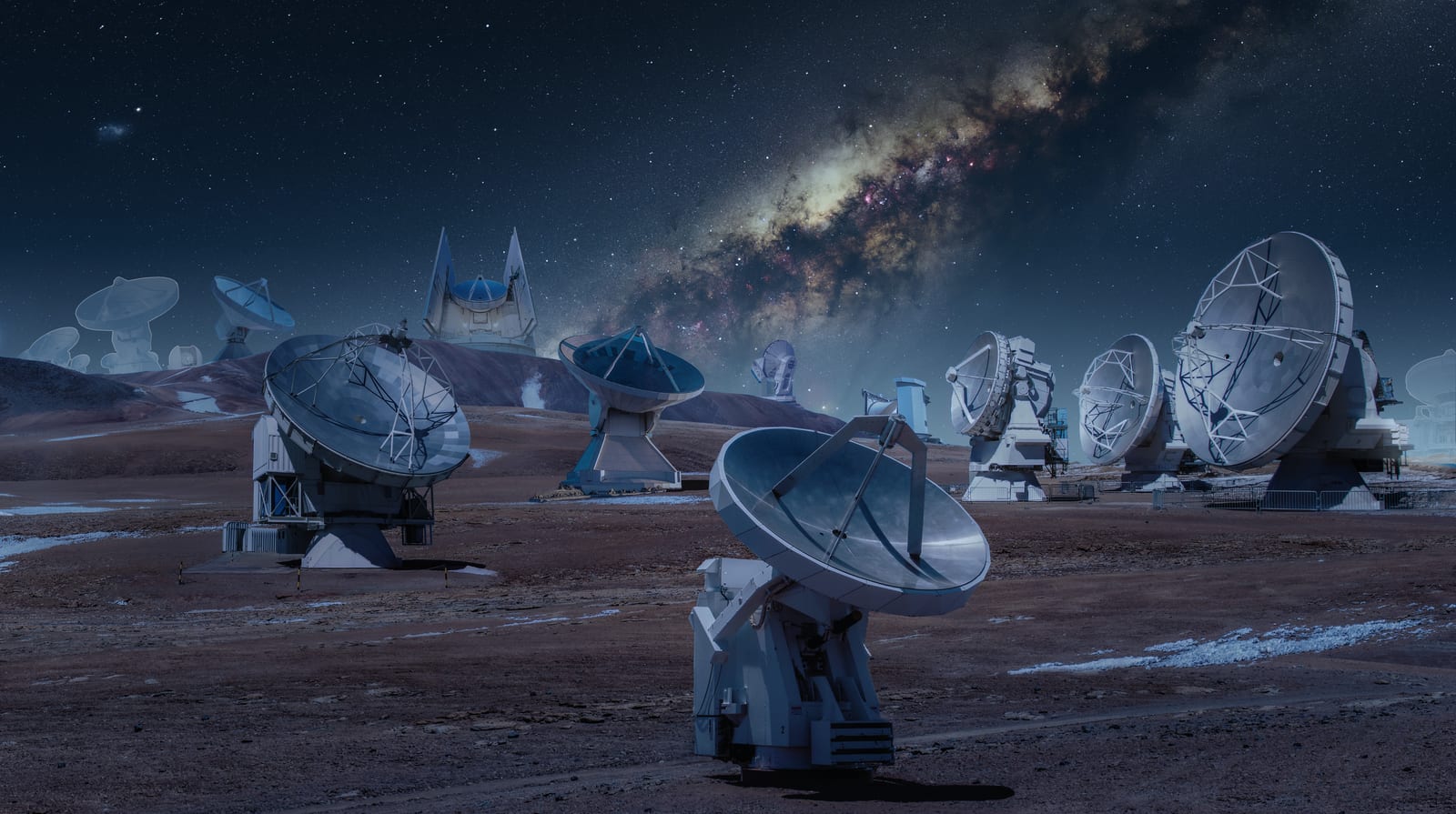 Night-time montage of the eight radio observatories that make up the Event Horizon Telescope network: ALMA, APEX, IRAM 30m, JCMT, LMT, SMA, SMT, and the South Pole Telescope, shown as individual dishes and arrays against dark skies.
