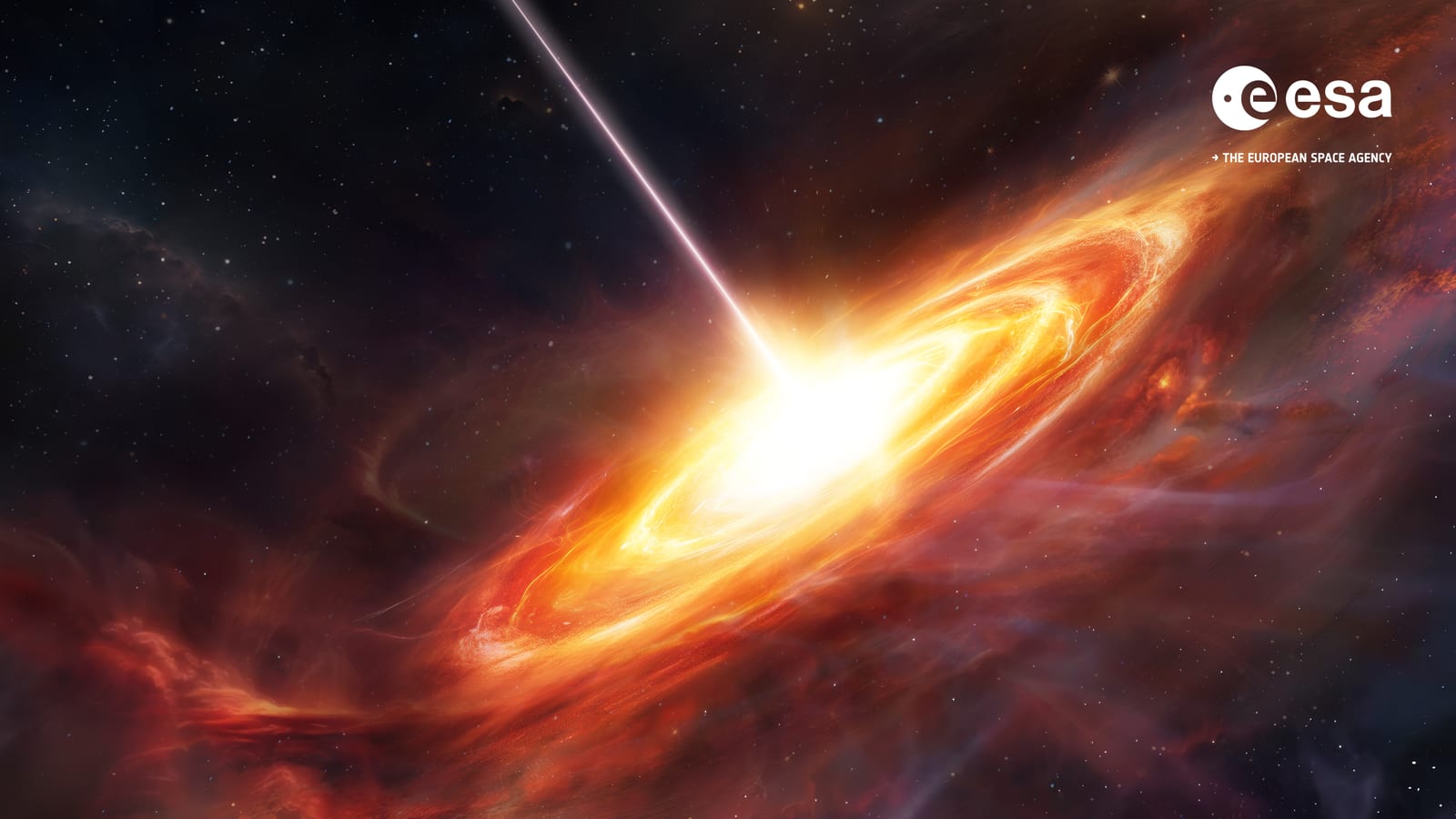 Artist concept of an ancient quasar showing a fiery red-orange accretion disk of material spiraling into a supermassive black hole. A thin jet of energetic material emerges from the bright white-yellow core. Quasars are the most luminous objects in the universe. Credit: ESA, CC BY-SA 3.0 IGO.