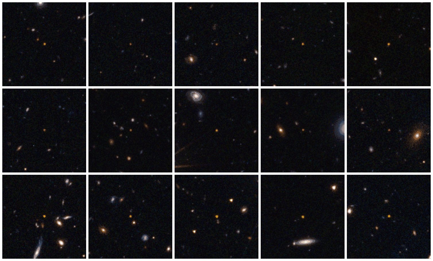 Grid of 15 small panels showing Euclid observations of newly discovered ancient quasars, each panel labeled with its astronomical coordinate and redshift value. The quasars appear as faint points of light among stars and galaxies.