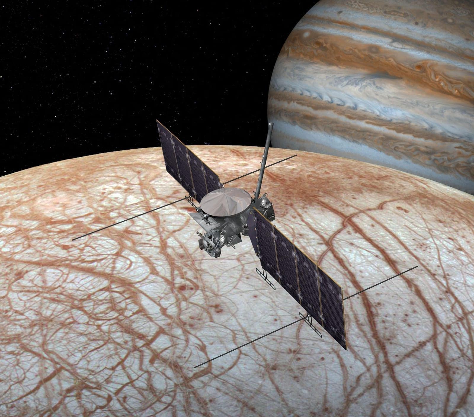 Artist's rendering of NASA's Europa Clipper spacecraft with its distinctive solar panel arrays, designed to fly through Jupiter's radiation environment and study Europa's ice shell and subsurface ocean from orbit.