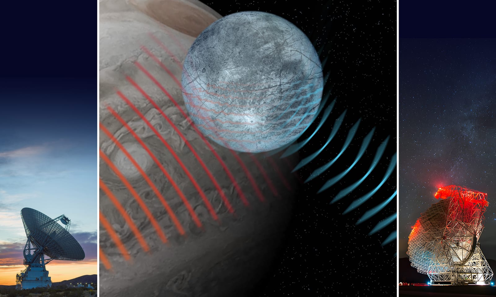 Artist's impression showing radar waves from NASA's Goldstone Solar System Radar penetrating Europa's icy surface and bouncing back to the NSF Green Bank Telescope on Earth. The returning radio signal is dominated by coherent backscatter from clean, porous ice. Credit: NSF/AUI/NSF NRAO/P.Vosteen.