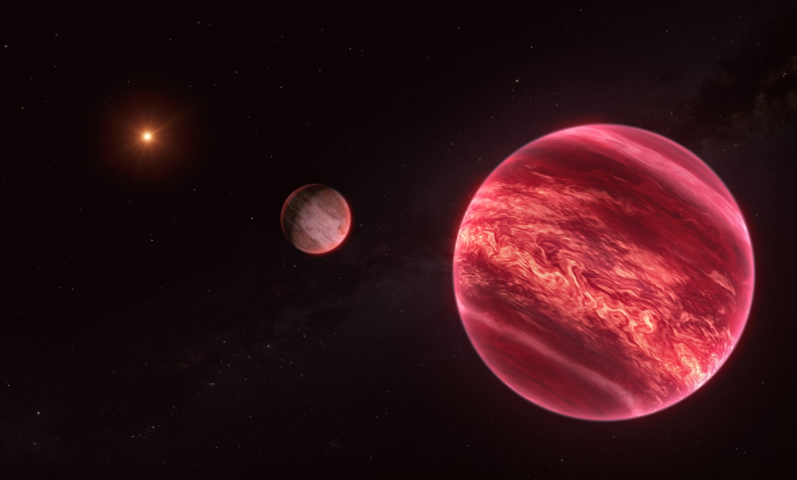 Artist's impression of the CD-35 2722 system: a banded Jupiter-sized gas giant at the center orbiting a reddish-brown dwarf in the foreground at right, with the host star glowing at left. Credit: ESO/M. Kornmesser (CC BY 4.0).