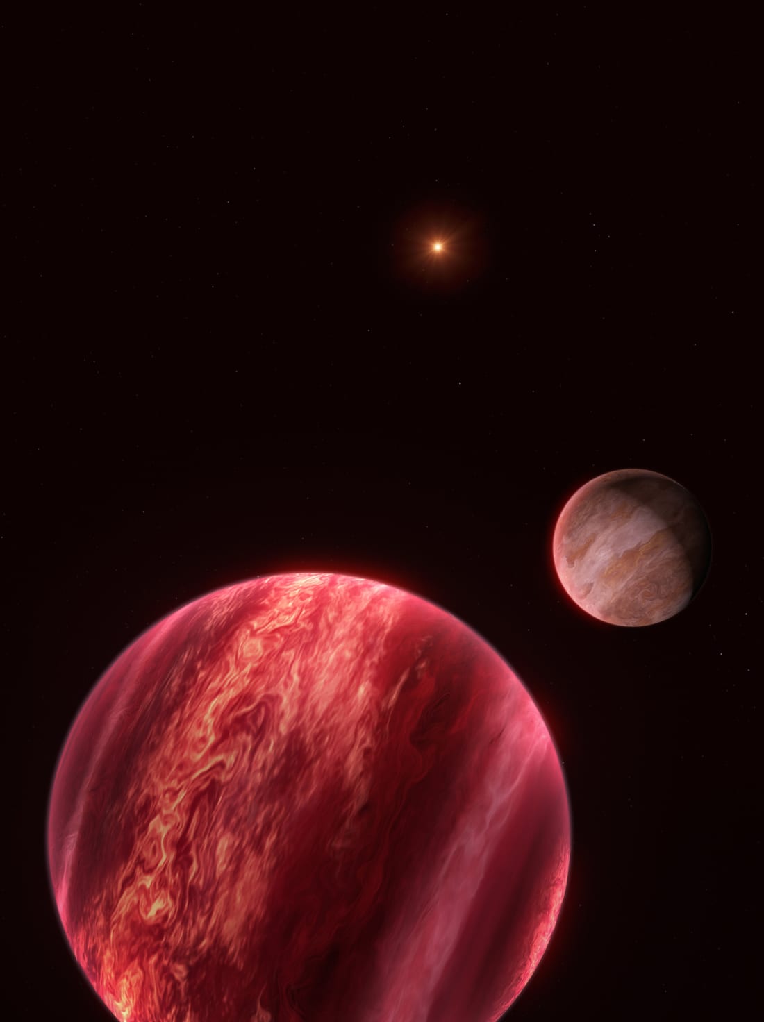 Artist's impression of the CD-35 2722 system in portrait orientation, with the host star as a bright point at the top, a reddish-brown dwarf in the lower foreground, and the newly discovered Jupiter-sized object as a banded gas giant to the right.