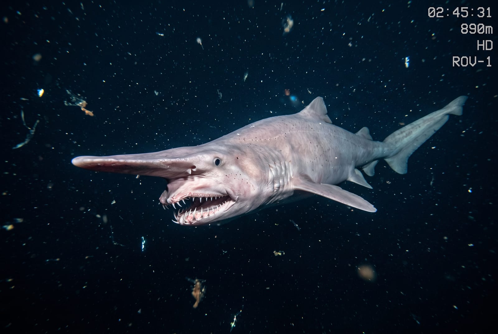 A goblin shark with pale pinkish-white skin and a distinctive long flattened snout swimming in the dark deep ocean, illuminated by ROV lights against pitch-black water