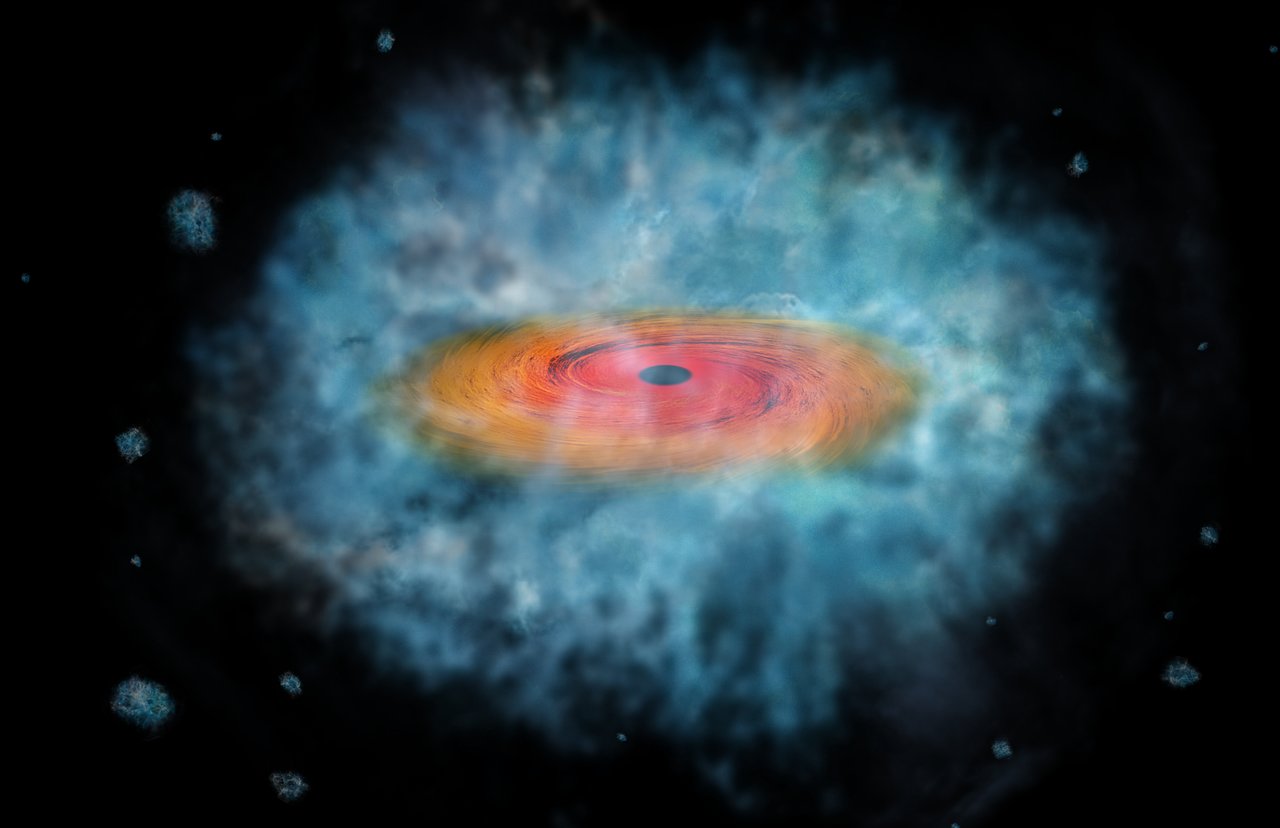 Artist concept of a supermassive black hole seed, showing the traditional black hole model with an accretion disk and event horizon