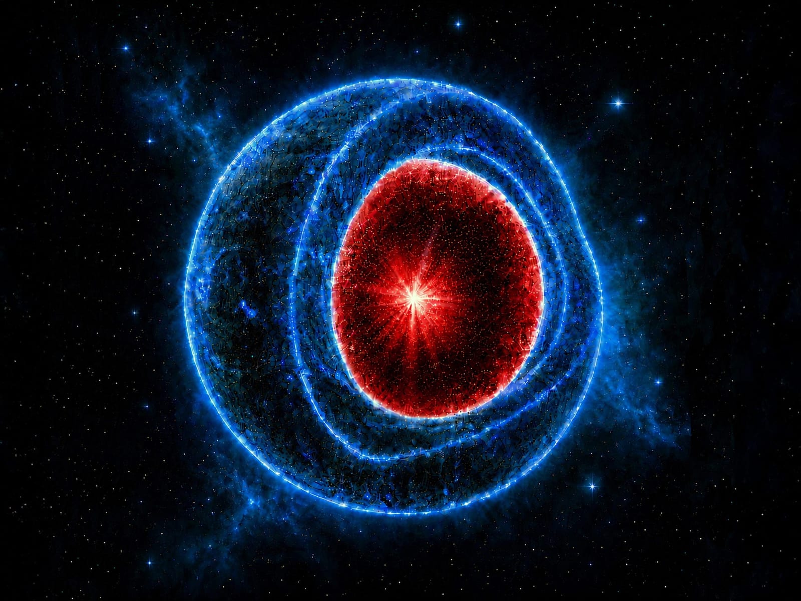 Artist concept of a gravastar showing a glowing outer shell of ordinary matter wrapped around an expanding mini-universe core filled with dark energy. Credit: Daniel Jampolski and Luciano Rezzolla, Goethe University Frankfurt.