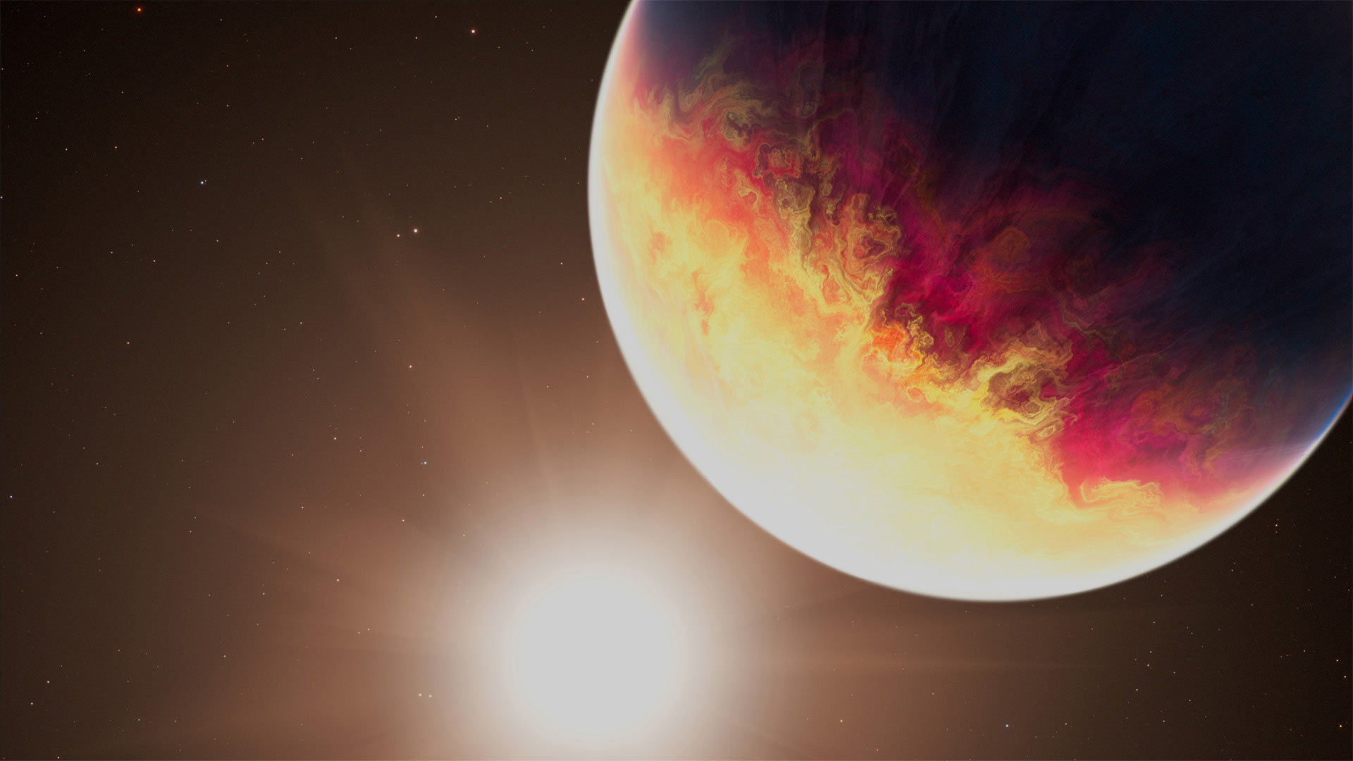 Artist concept of the exoplanet HD 80606b being roasted as its orbit approaches periastron, the point at which it is closest to its Sun-like host star. The planet glows orange and red against the star backdrop. Credit: NASA, ESA, CSA, Joseph Olmsted (STScI).