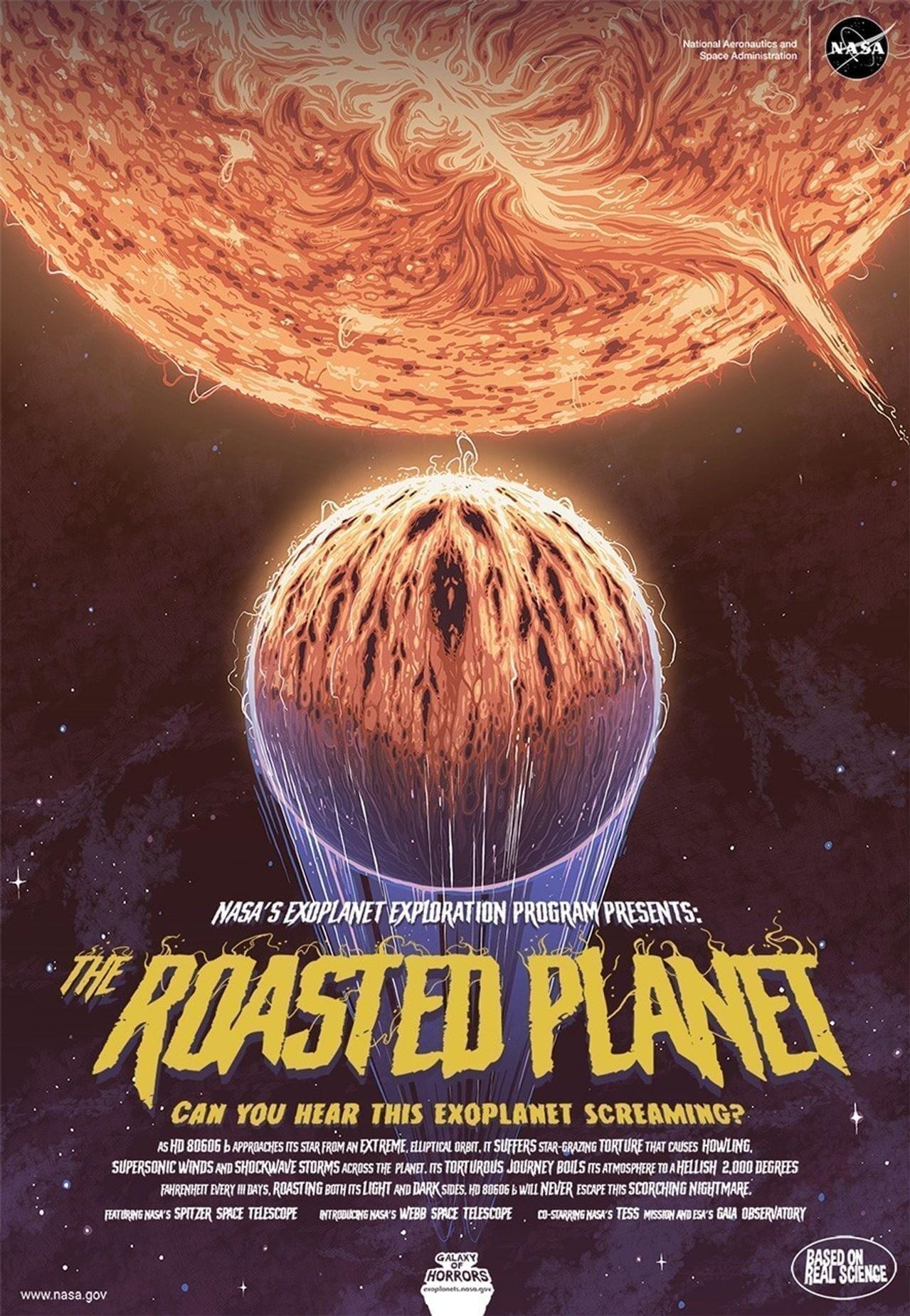 NASA Galaxy of Horrors poster for HD 80606b titled 'The Roasted Planet' showing the planet in front of its star with dramatic visual effects