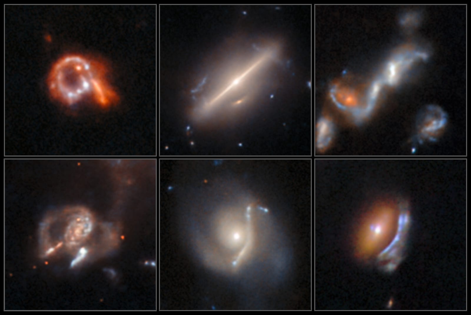 Collage of six Hubble Space Telescope images showing gravitational lenses, a ring galaxy, a galactic merger, and an unclassified object discovered by the AnomalyMatch AI