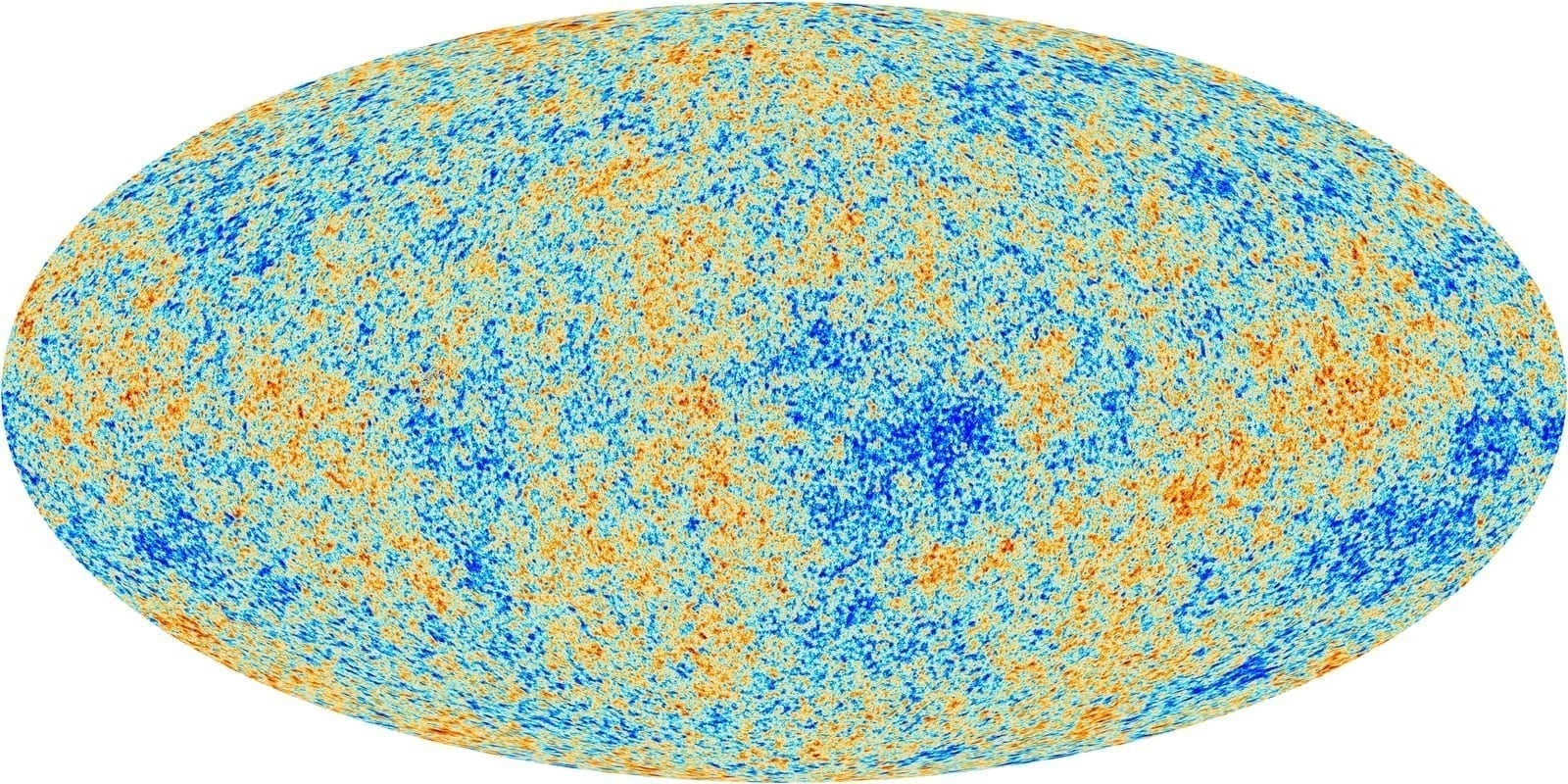 All-sky map of the cosmic microwave background from ESA's Planck mission: a 2:1 elliptical map of the oldest light in the universe, mottled with blue and orange temperature fluctuations. Credit: ESA and the Planck Collaboration (CC BY-SA 4.0).