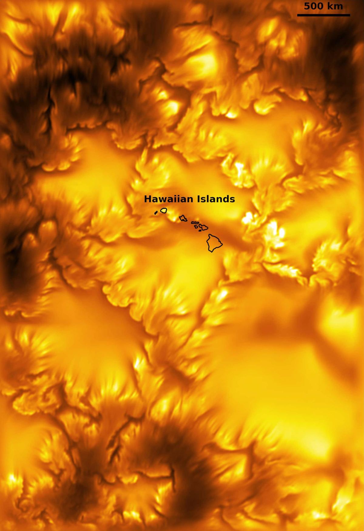 A portion of the solar photosphere with a scale bar of 500 km and an outline of the Hawaiian Islands overlaid for comparison, showing that individual granules are larger than the island chain.