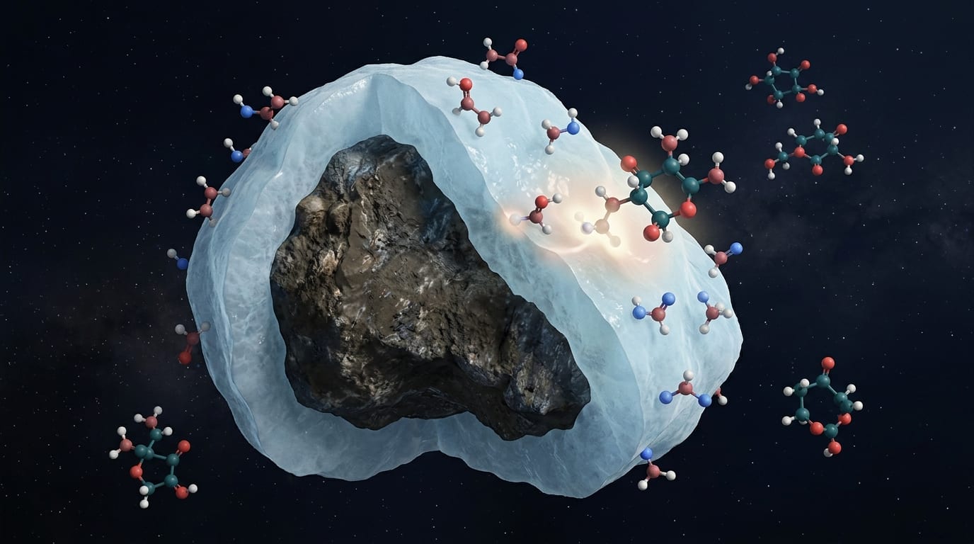 Conceptual illustration of a small icy dust grain in space: a dark rocky core coated in pale blue ice, with small simple molecules stuck to the icy surface and a larger sugar molecule forming where they meet, while similar molecules drift away into dark space dotted with faint stars.