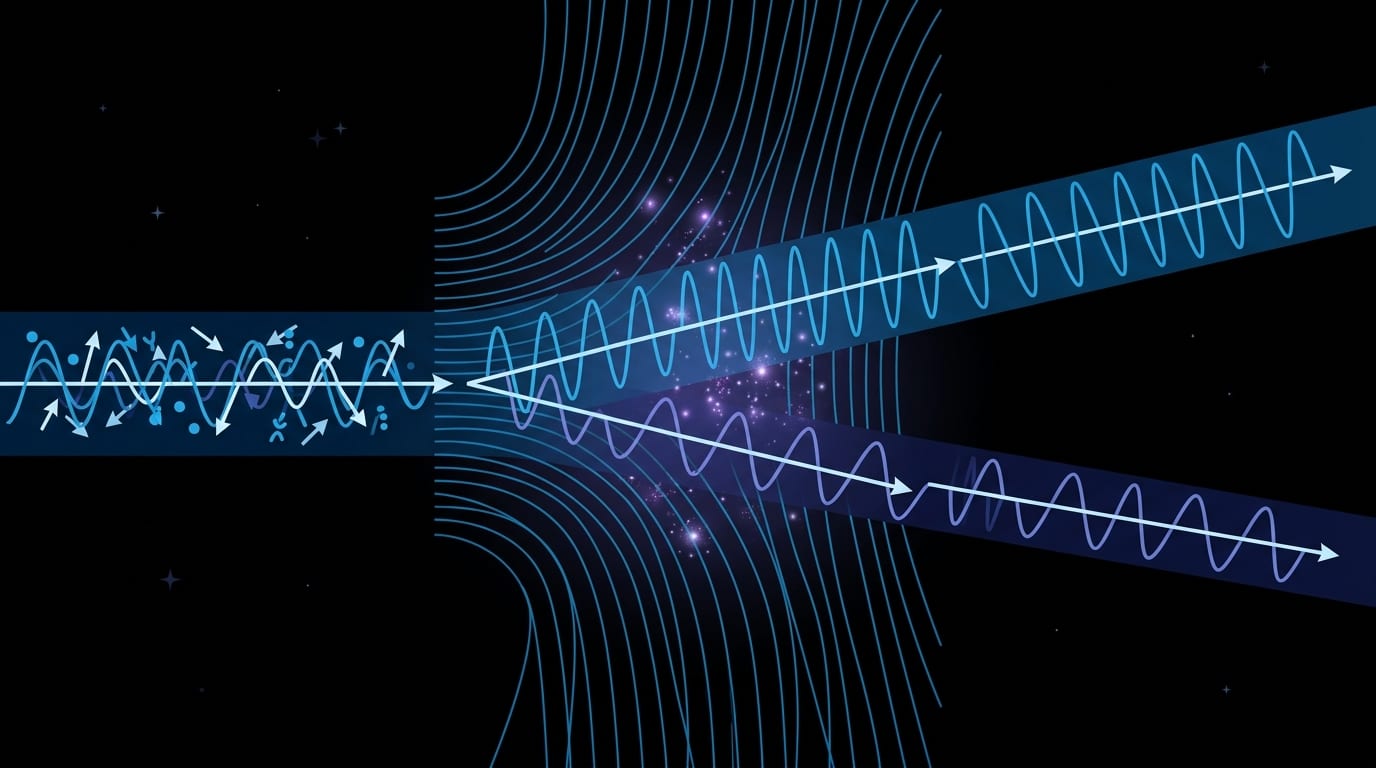 Conceptual diagram of vacuum birefringence: a beam of light enters a region of space threaded by curved blue magnetic field lines, and inside that region the beam splits into two components with different wave patterns, which emerge on the far side with their polarization states changed. Diagram: Impossible Universe Editorial Team (generated).