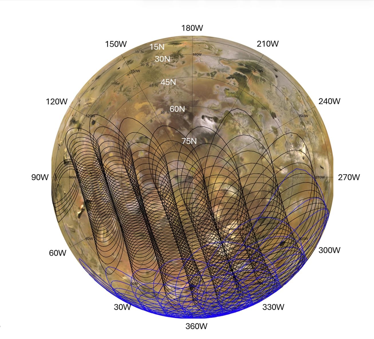 Spherical projection of Io showing the areas sampled by Juno's Microwave Radiometer during its two close flybys, drawn as curved black and blue tracks crossing the moon.