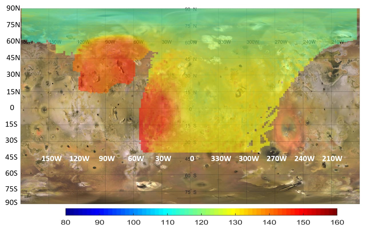 Global map of Jupiter's moon Io with a color-coded overlay from Juno's Microwave Radiometer, showing heat rising from just beneath the surface. Red marks the strongest localized heat output, with yellow and green showing a broad temperature gradient. Credit: NASA/JPL-Caltech/SwRI/USGS.