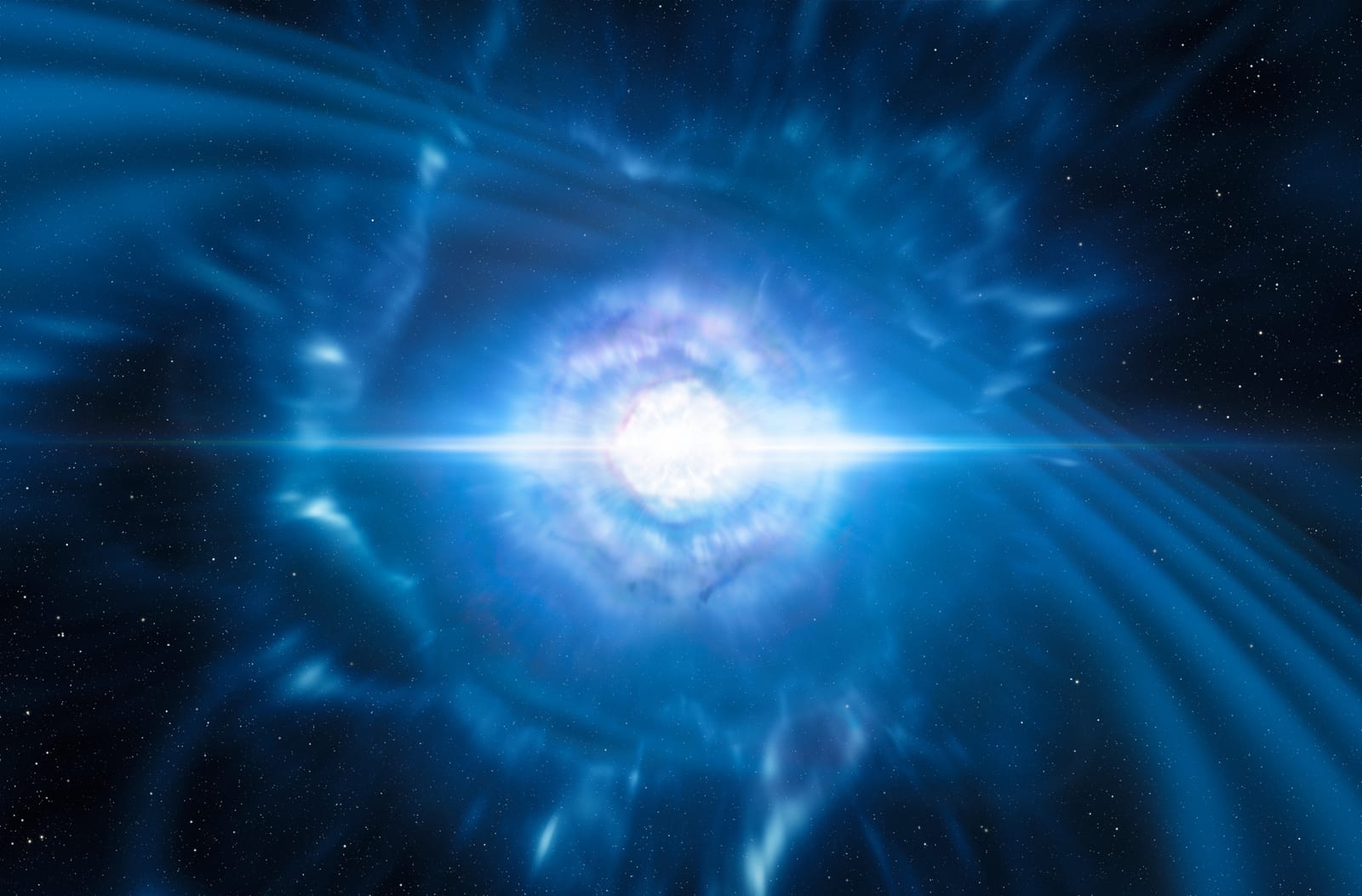 Artist impression of two neutron stars merging and exploding as a kilonova: two small dense spheres spiraling into each other amid a burst of light and ejected matter. Credit: ESO / L. Calçada / M. Kornmesser (CC BY 4.0).
