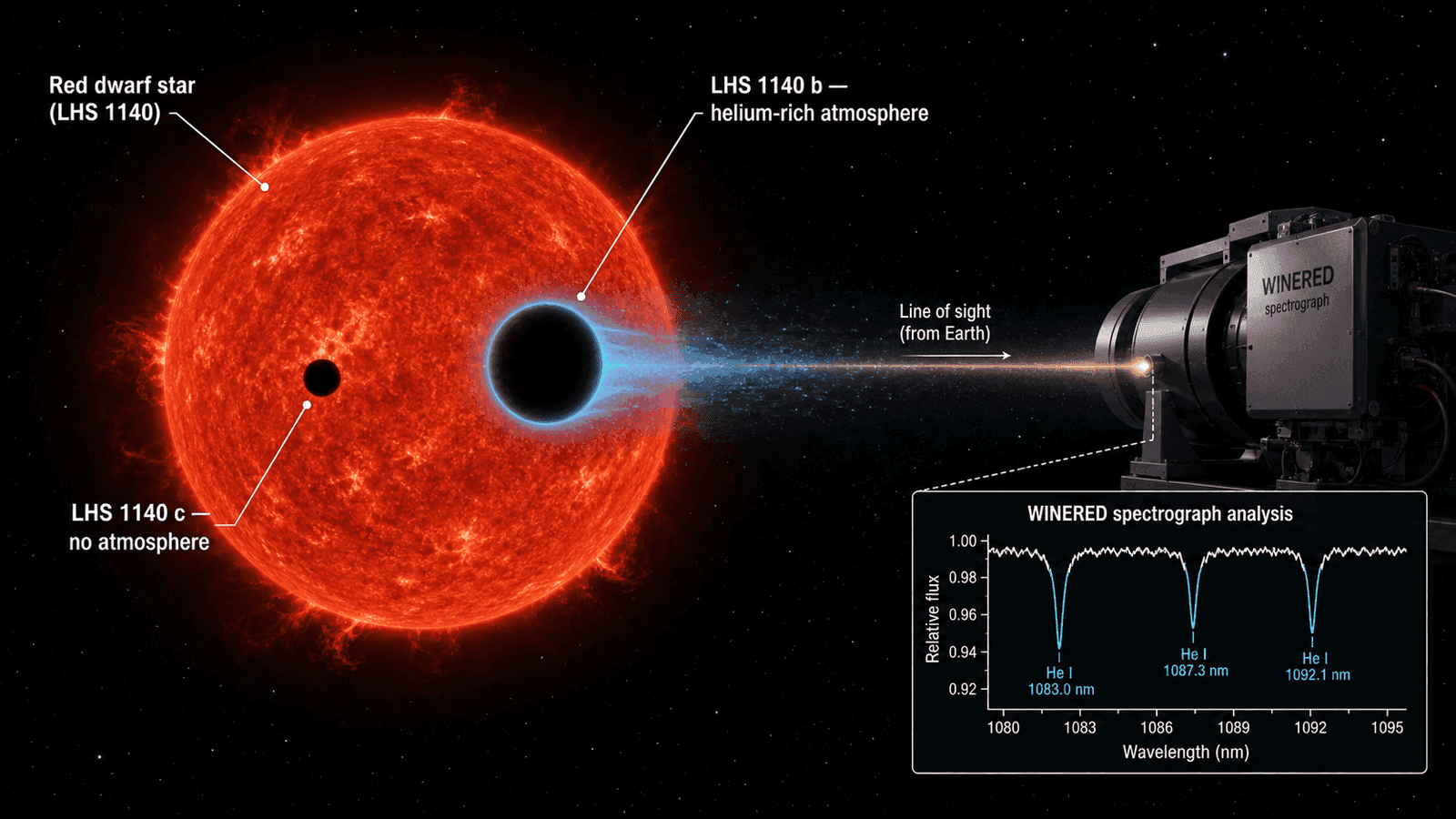 Educational diagram showing how astronomers detected the atmosphere of LHS 1140 b. Two planets transit a red dwarf star on the same night. One planet shows a blue helium halo, the other does not. A spectrograph beam analyzes the starlight passing through the larger planet's atmosphere. Labels identify LHS 1140 b, LHS 1140 c, the red dwarf star, and the WINERED spectrograph analysis.