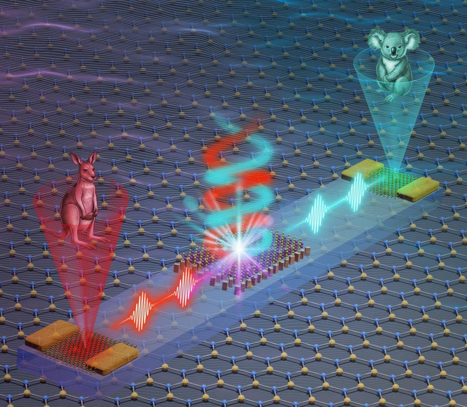 Artist illustration of a photonic valleytronic chip for information processing, showing nanoscale light-manipulating structures on a chip surface. Credit: Dr. Chi Li, Monash University.