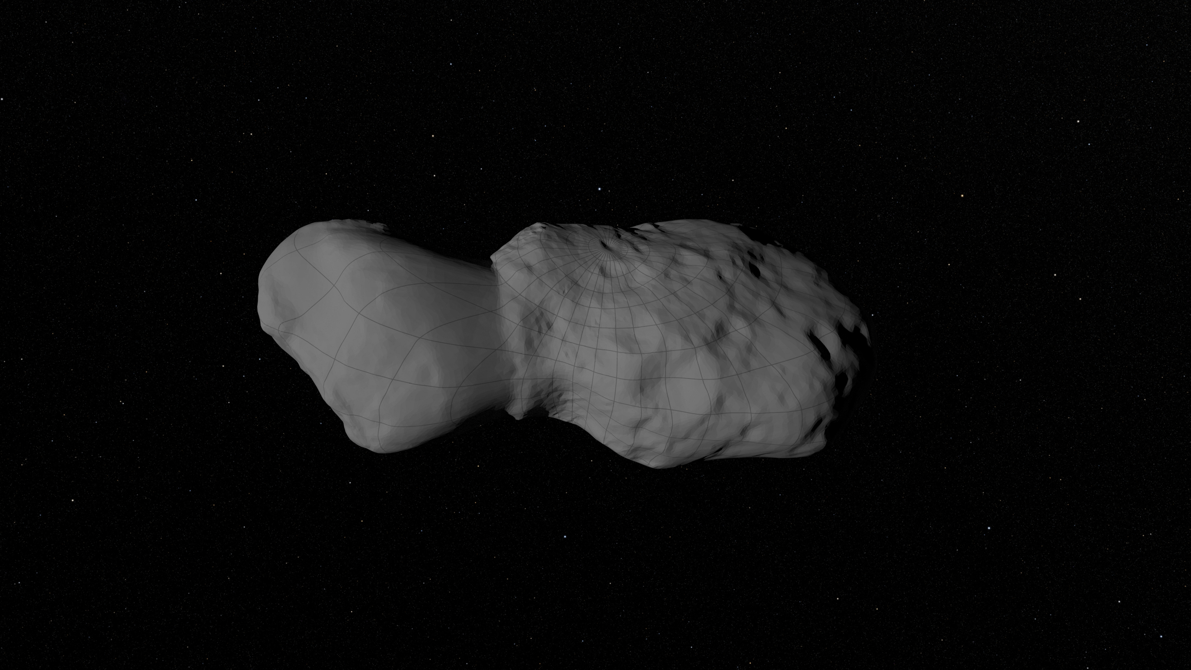 A 3D reconstruction of asteroid Donaldjohanson showing a peanut-shaped body with two distinct lobes connected by a narrow neck, heavily cratered surface, rotating in space. Credit: NASA/Goddard/SwRI/Johns Hopkins APL.