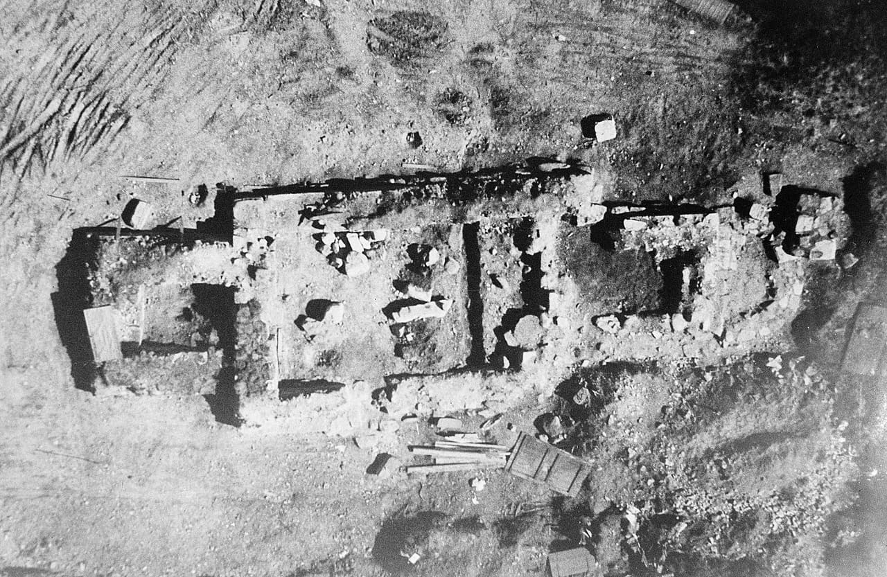 Black and white aerial photograph of the ruined stone church at Västerhus, Frösö parish, Jämtland, Sweden, with only the outline of the building visible.