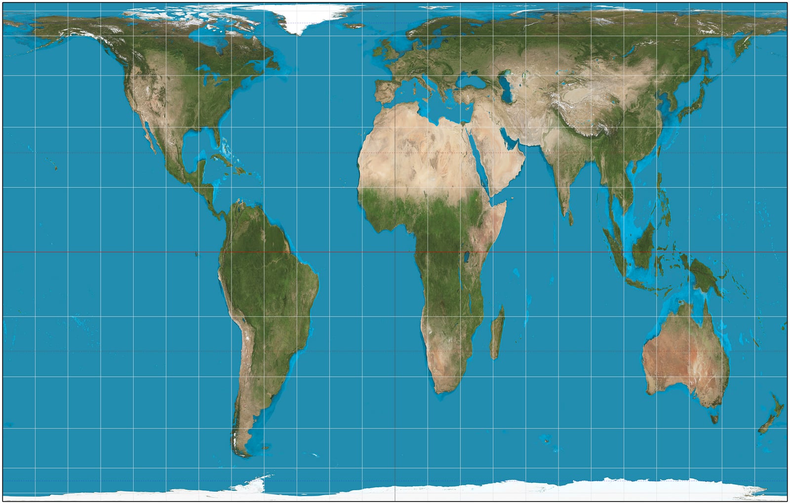 A world map in the Gall-Peters equal-area projection, a tall rectangular map where Africa and South America appear large and true to area while high-latitude landmasses shrink, with a red line marking the equator. Map: CC BY-SA 3.0, via Wikimedia Commons.