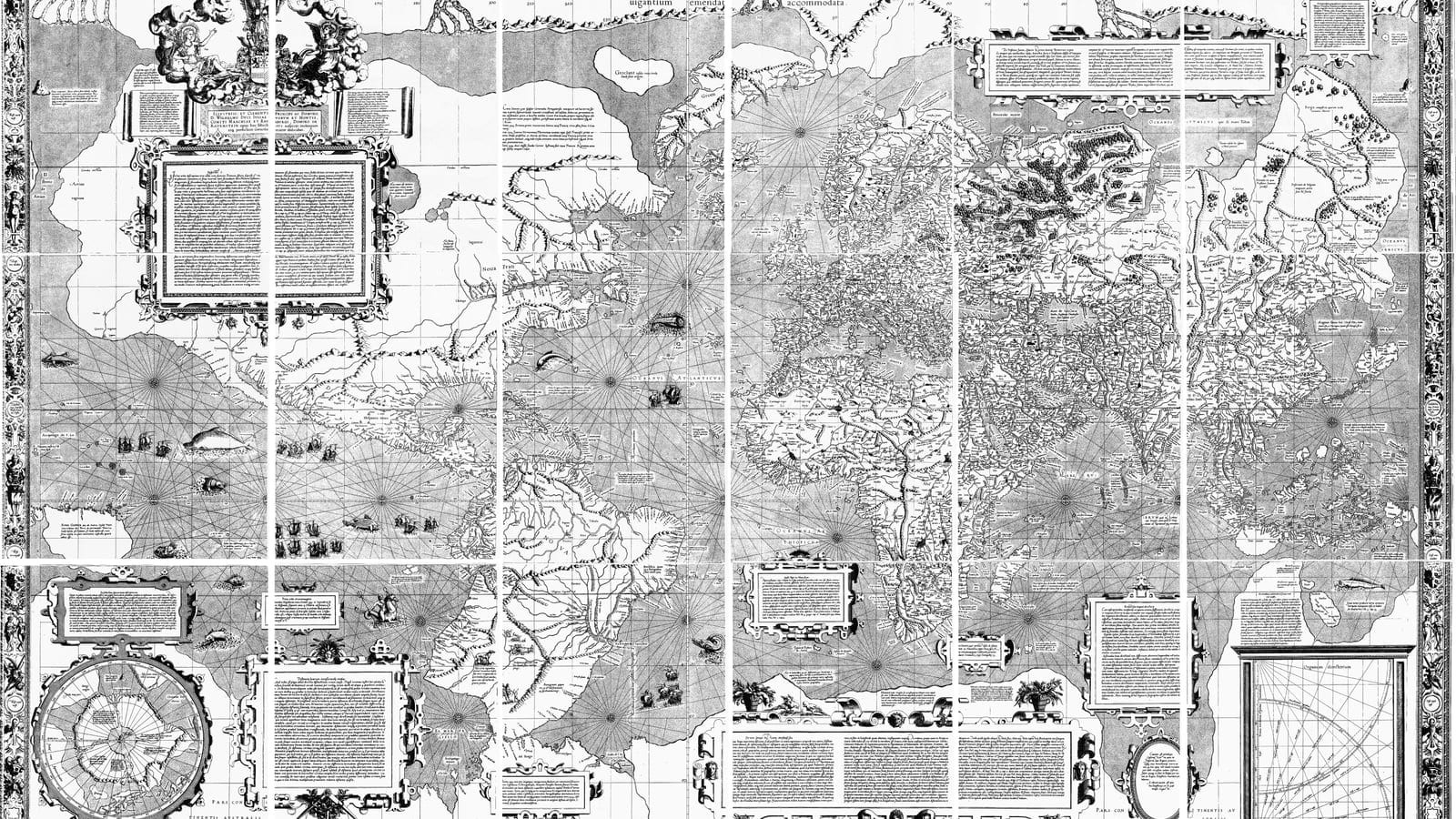 A monochrome reproduction of Gerardus Mercator's 1569 world map, a composite of the original sheets showing the continents, dense networks of rhumb lines, decorative cartouches, and ornate borders. Public domain, via Wikimedia Commons.