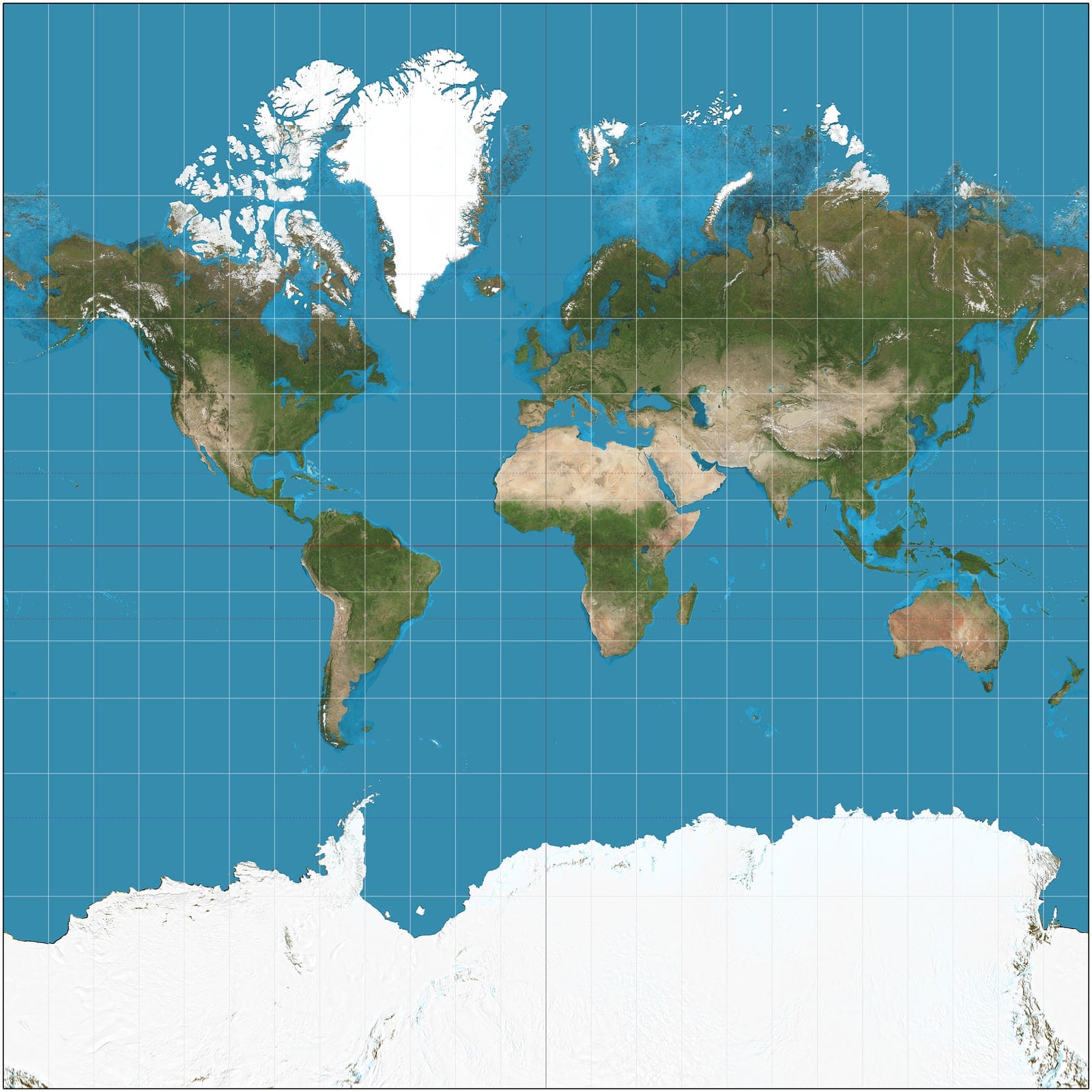 A square world map in the Mercator projection using NASA Blue Marble satellite imagery, showing Greenland stretched to roughly the size of Africa near the top and Antarctica inflated across the entire bottom edge. Map: CC BY-SA 3.0, via Wikimedia Commons.
