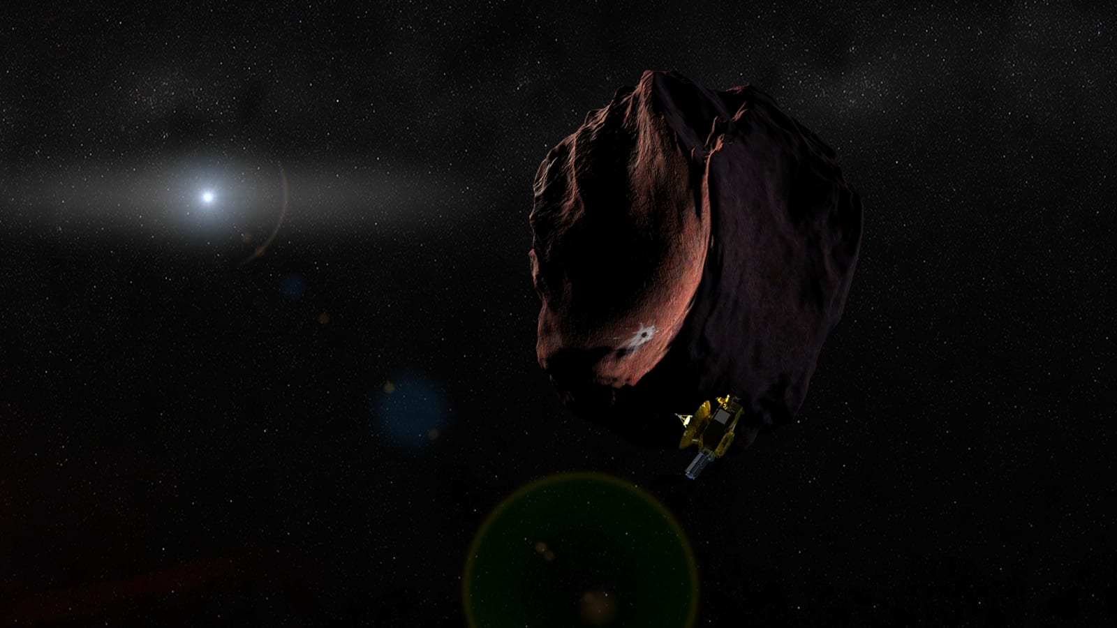 Artist concept of NASA's New Horizons spacecraft encountering a Kuiper Belt object in the outer solar system