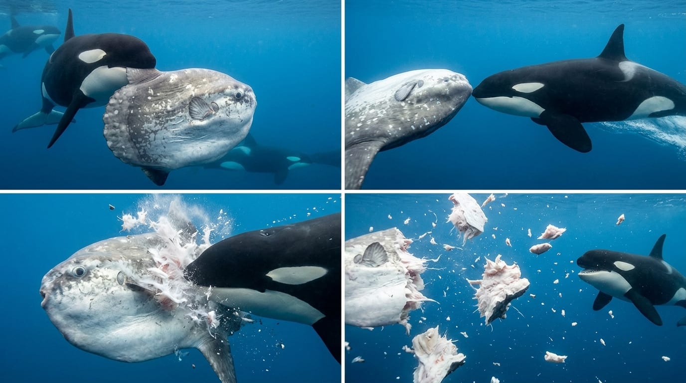 Four-panel underwater illustration of the ram-to-fragment sequence: an orca grips a sunfish by its tail, a second orca lines up and accelerates toward it, the ramming orca collides with the fish as fragments burst outward, and the sunfish floats in pieces while an orca swims nearby. Illustration: Impossible Universe Editorial Team (generated).