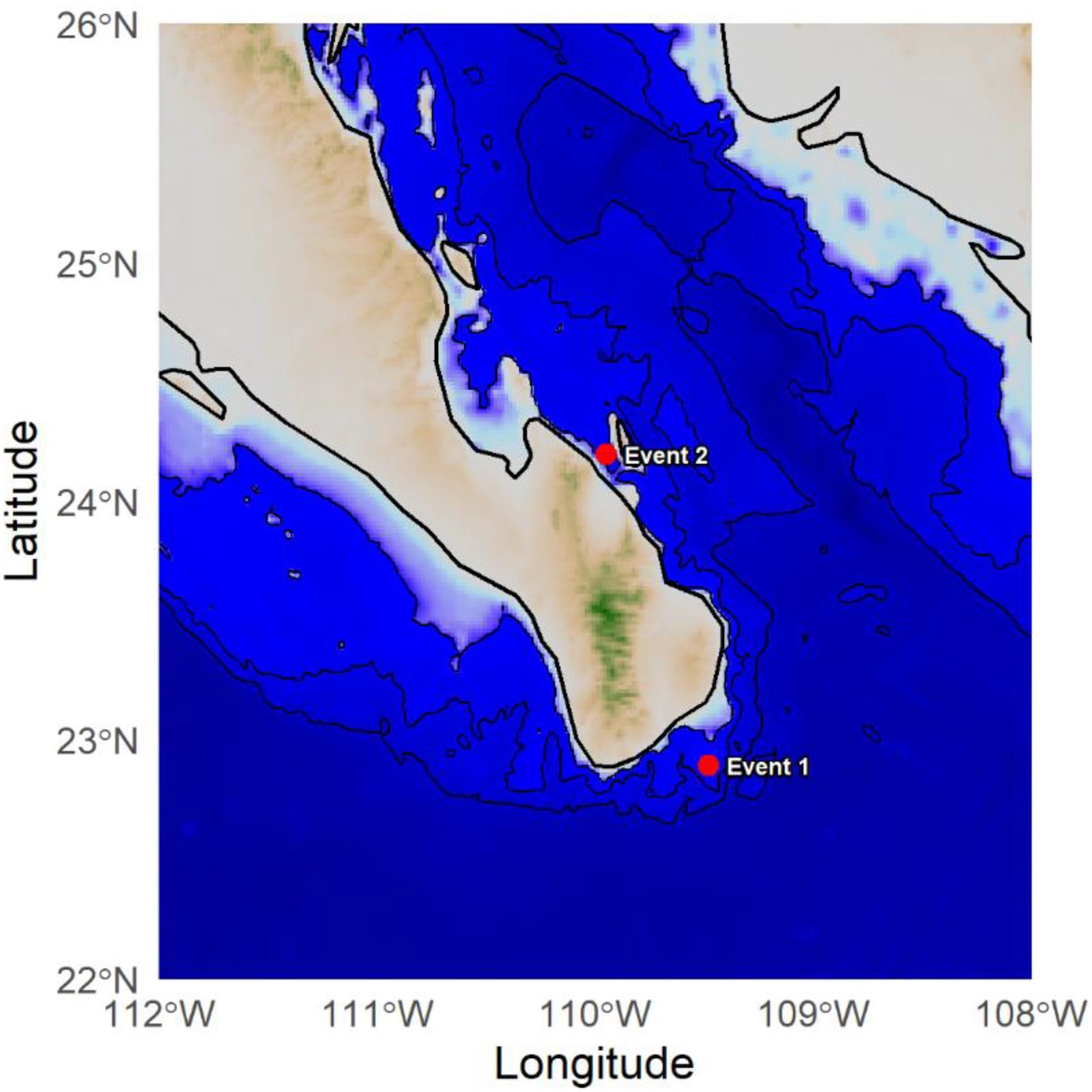 Map of the southern Baja California peninsula and the Gulf of California with two marked locations: Event 1 off San Jose del Cabo at the peninsula's southern tip, and Event 2 in the channel off Isla Cerralvo on the gulf side. Reproduced from Ayres et al., Frontiers in Ethology (2026), CC BY 4.0.